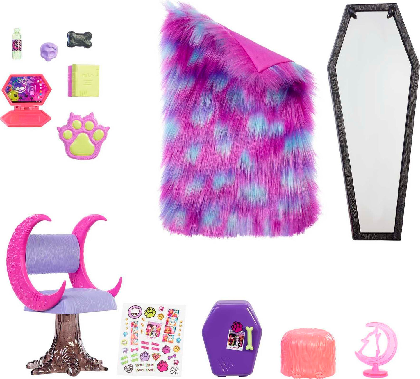 Monster High Clawdeen Wolf Bedroom Playset with Doll, Small Plastic, Werewolf Theme, Model HMV77, Includes Furniture & Accessories