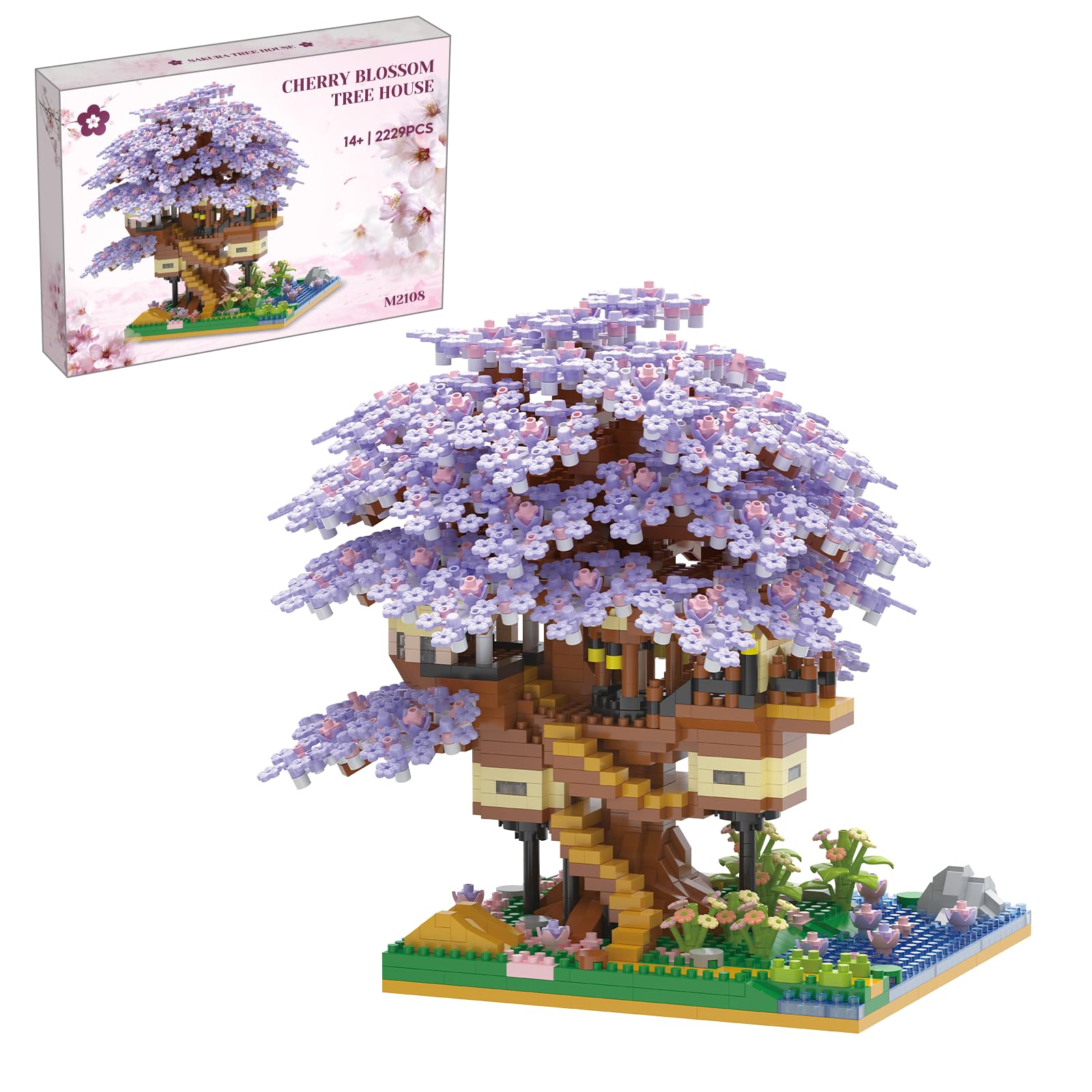 PQKIE Cherry Blossom Tree Building Set 2229 Pcs Japanese Sakura Tree House Micro Blocks Toys STEM Creative Purple Cherry Blossom Bonsai Trees Brick Flowers Set Friendship Treehouse for mature-themed Kid