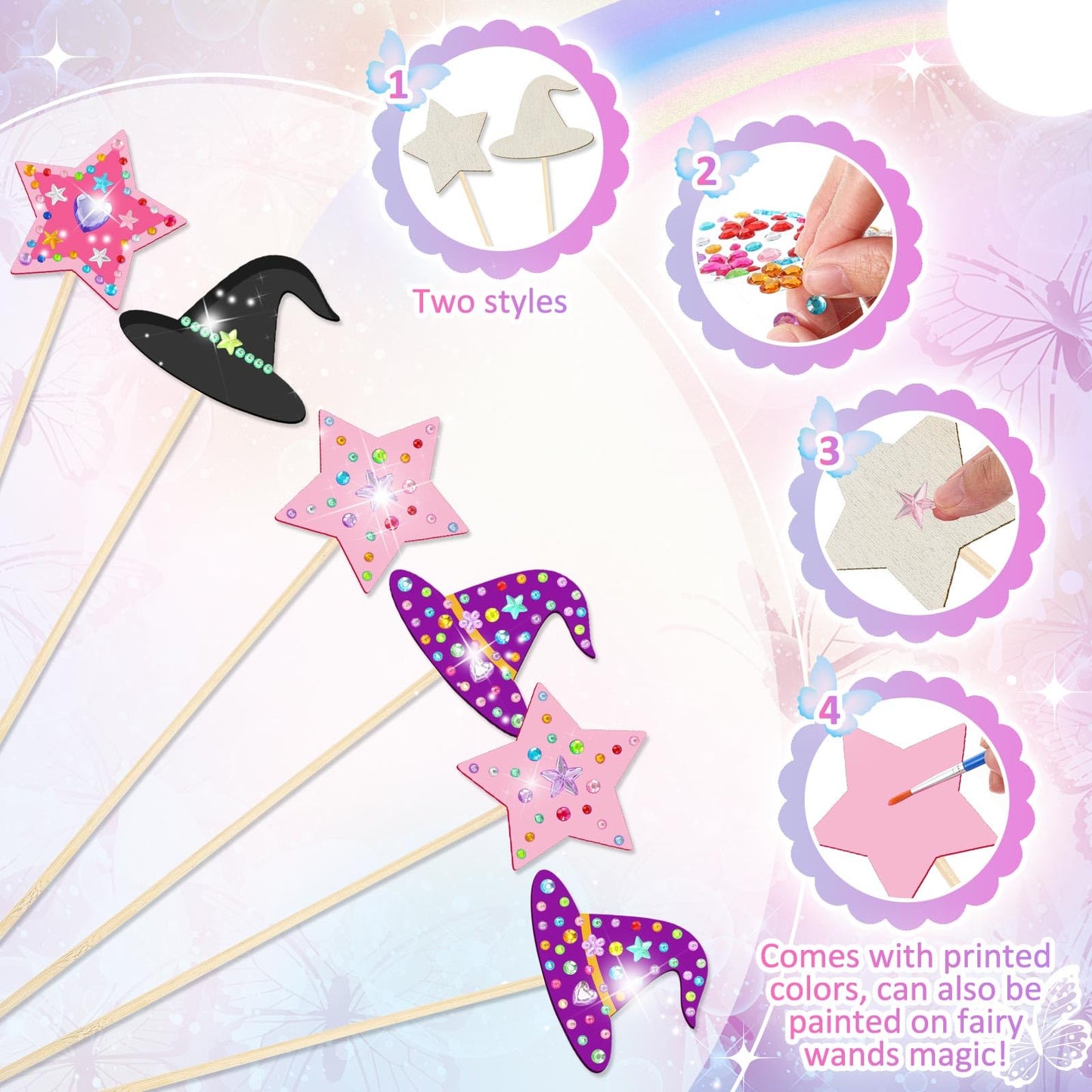 Juexica 12 Pcs Fairy Wands Kit Including 6 Unfinished Wood Star Wands, 6 Broom Sticks and 4 Sheets Gem Stickers for Witch and Pr