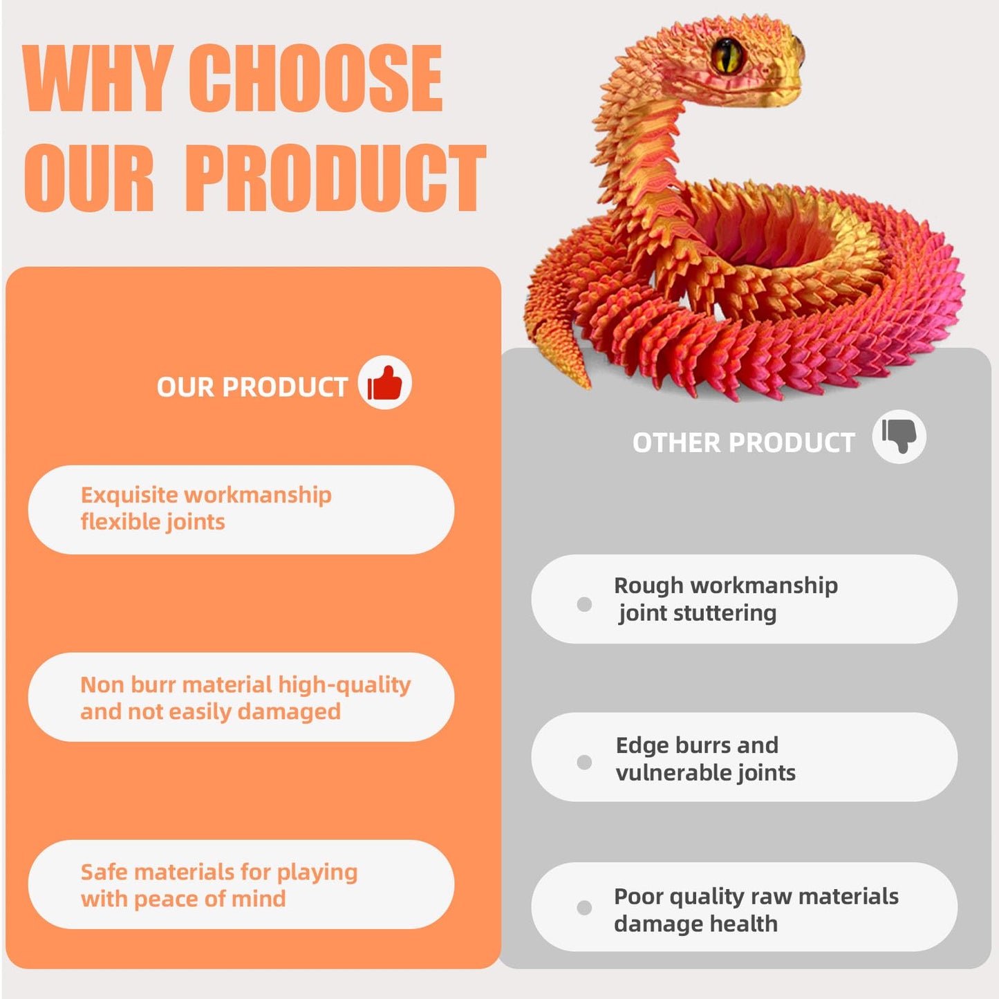 Binvin 3D Printed Animals-Snake Viper,3D Printed Snake Toys 3D Printed Articulated Snake 3D Printed Animals Animal Model Ornamen