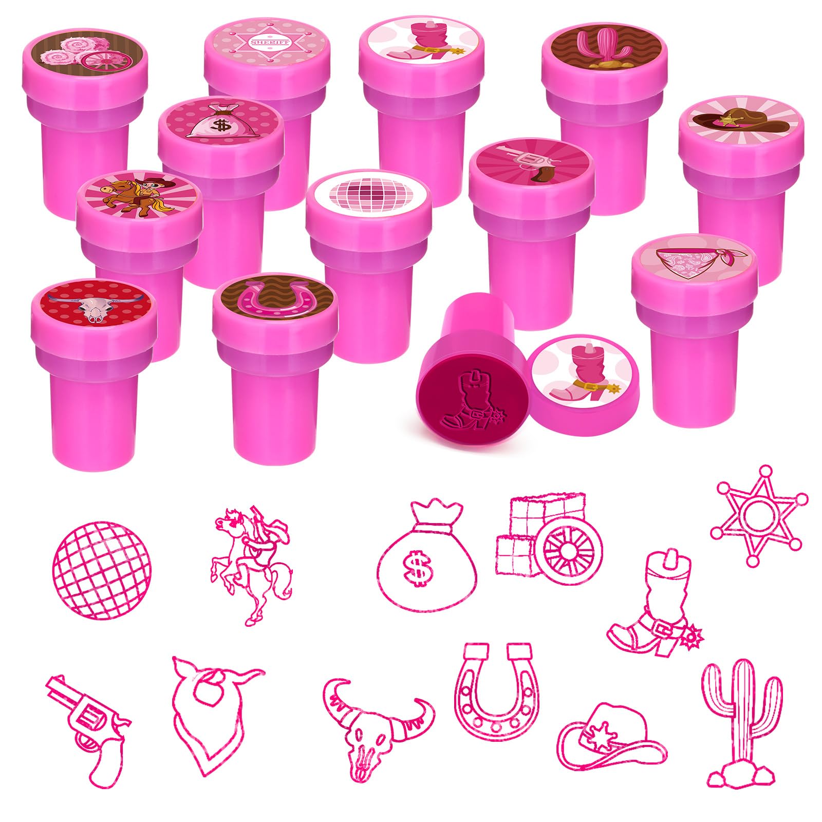 Cinrobiye 24 PCS Pink Western Cowgirl Party Stampers - Wild West Birthday Favors for Girls, Barn & Wooden House Party Supplies, 