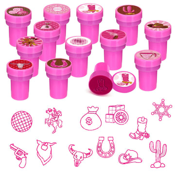 Cinrobiye 24 PCS Pink Western Cowgirl Party Stampers - Wild West Birthday Favors for Girls, Barn & Wooden House Party Supplies, 