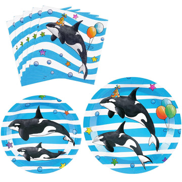 WERNNSAI Orca Party Plates and Napkins - 48 PCS Orca Birthday Party Supplies for Kids Blue Ocean Under the Sea Party Decorations