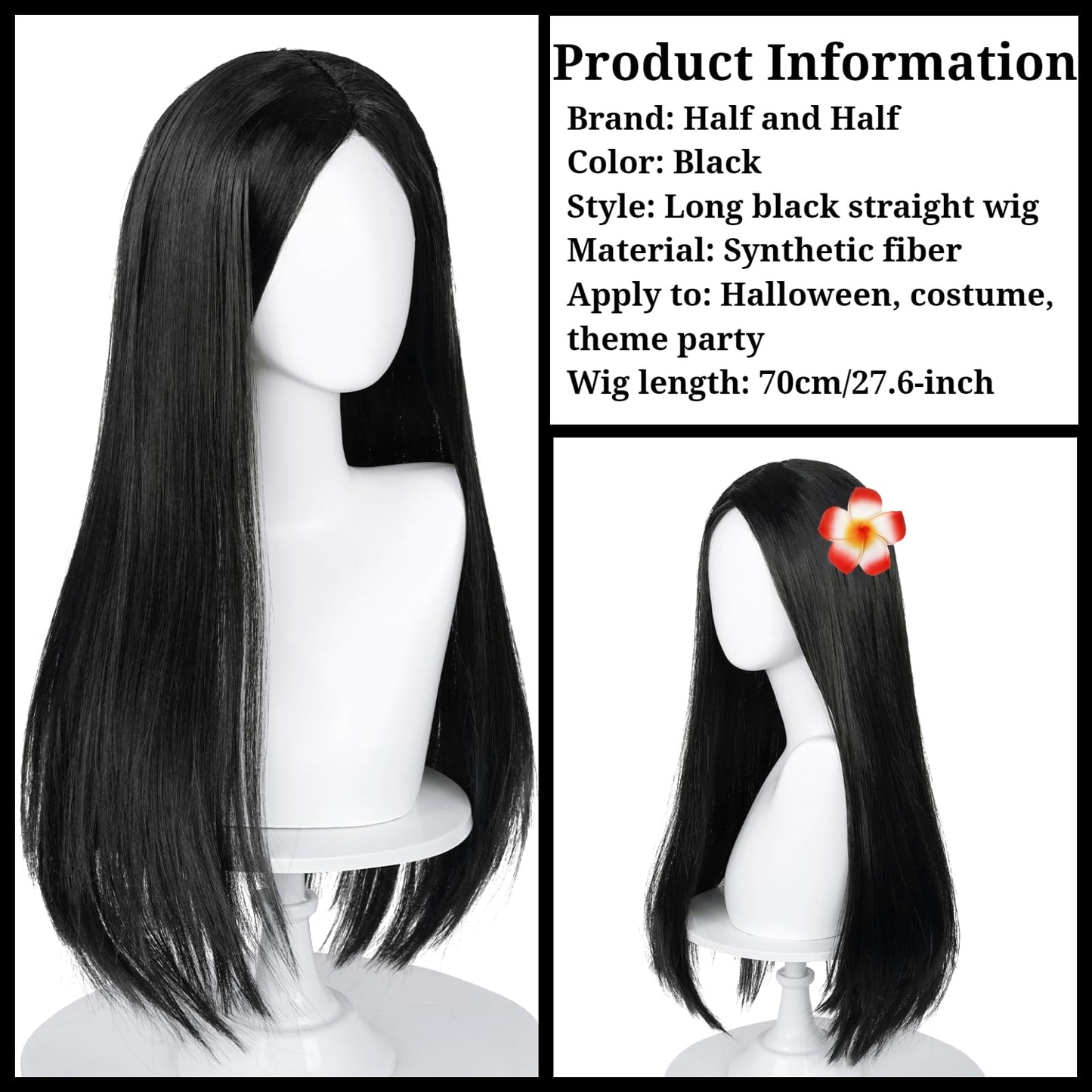Half and Half Long Straight Black Kids Wig with Flower Clip, 27.6'' Synthetic Hair for Girls Toddler Cosplay & Halloween