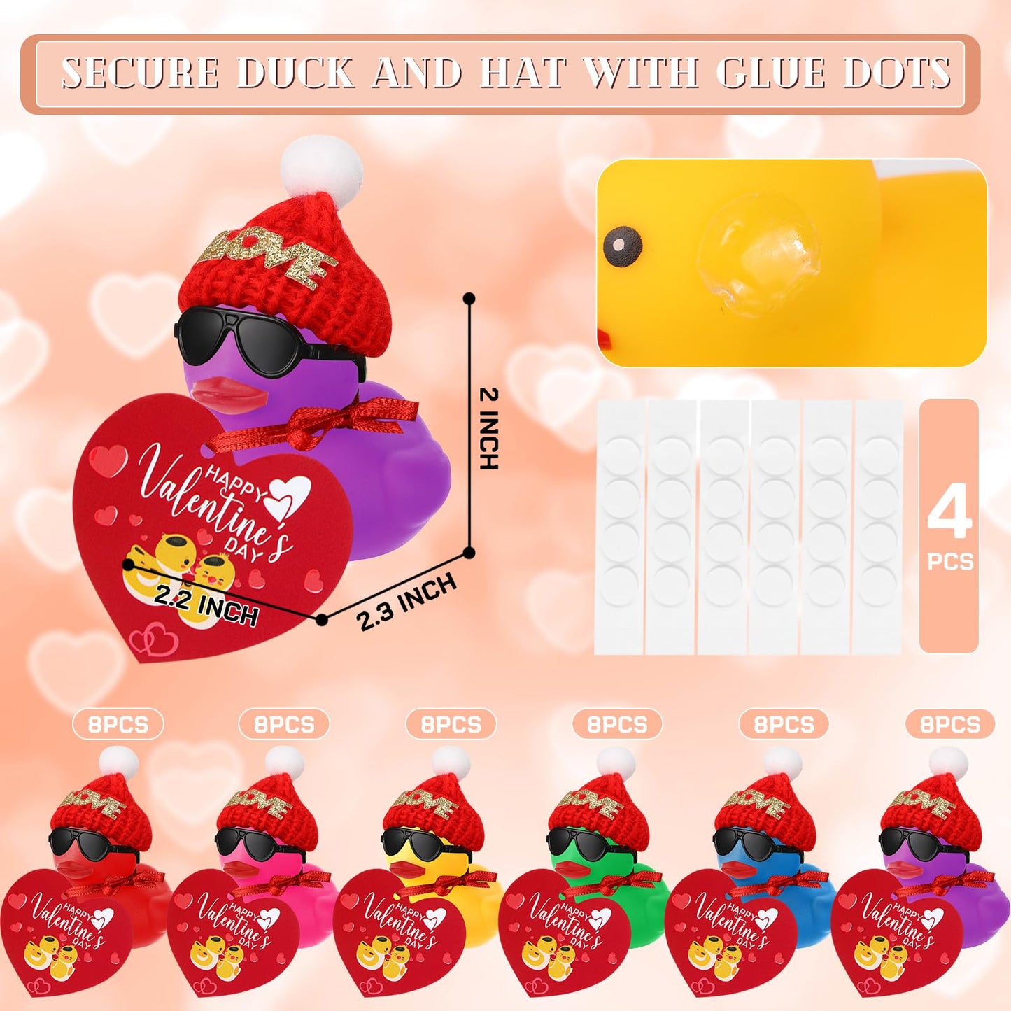 Chivao 48 Pcs Valentine'S Day Mini Rubber Ducks With 48 Valentine'S Day Cards 48 Sunglasses 48 Hats, Party Favors Holiday Mini T