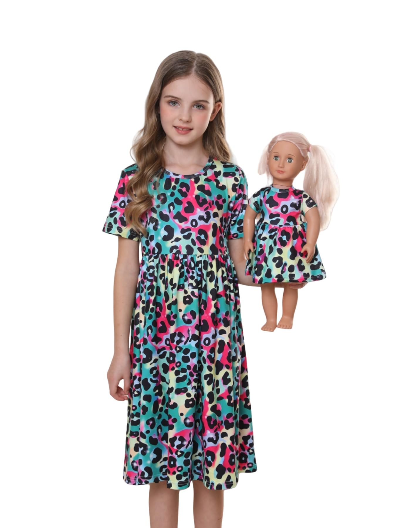 Bow Dream Girls Dress and Matching Doll Clothes Accessories for Girls Short Sleeve Leopard Kids Dress Size 130