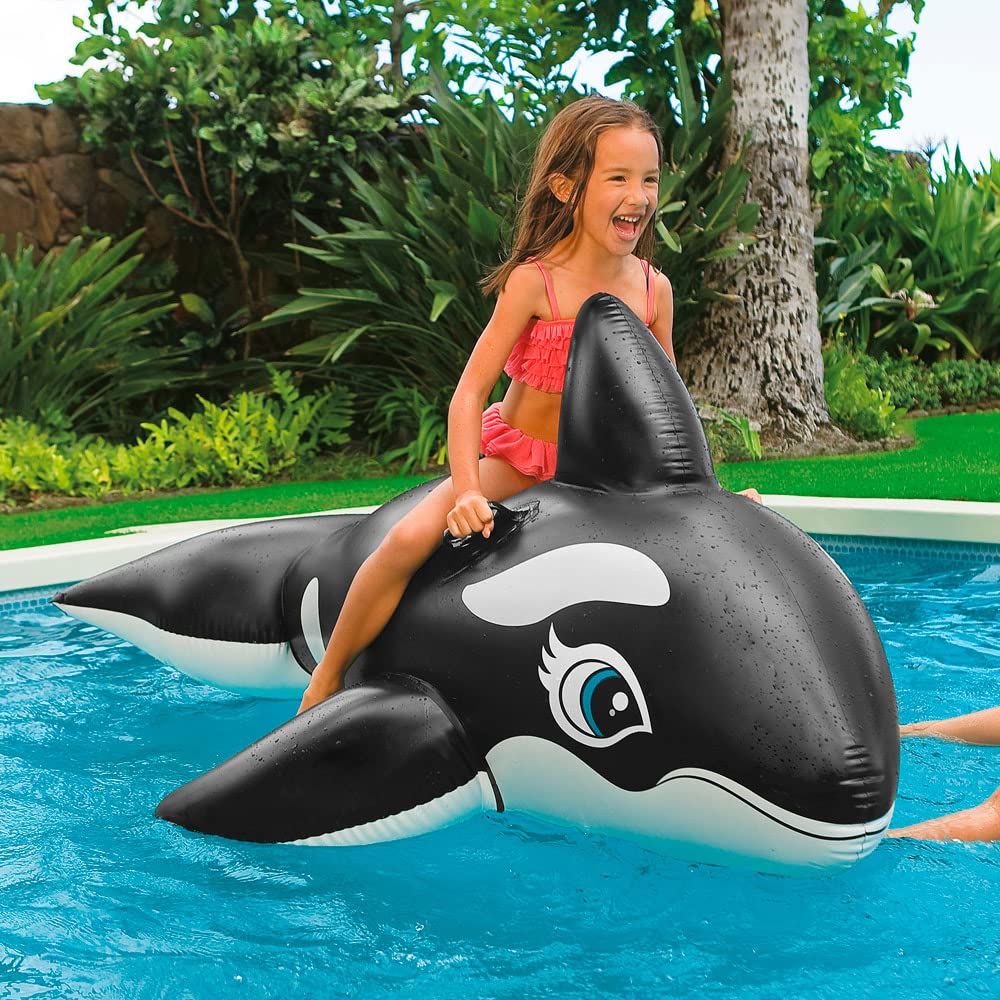 Intex Whale Inflatable Pool Float for Kids, 76" x 47", Plastic, Black, Model 58561EP, 2 Heavy-Duty Handles, 88lb Weight Capacity