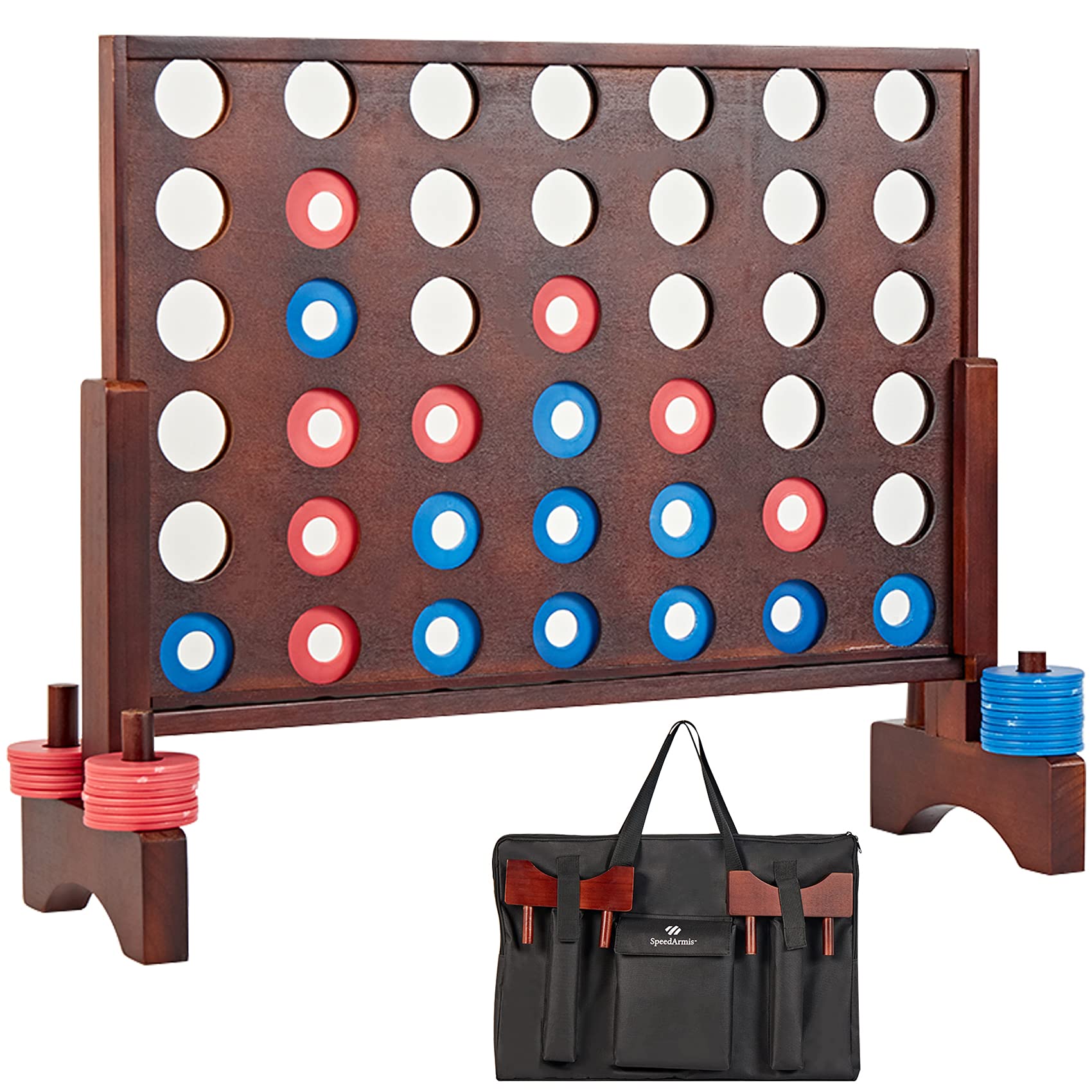 Speedarmis Giant Wooden 4 In A Row Game - Fun Indoor And Outdoor Board Game For Teens, Includes 42 Pcs Dics And Carrying Bag