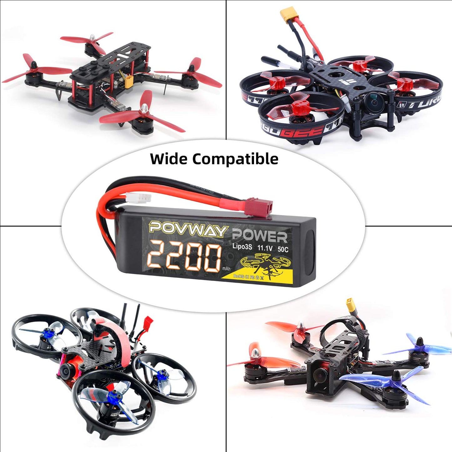 POVWAY 3S 11.1 V 2200mAh LiPo Battery 50C RC Battery with T Plug Compatible RC Airplane, RC Helicopter,Drone ect.(2 Pack)