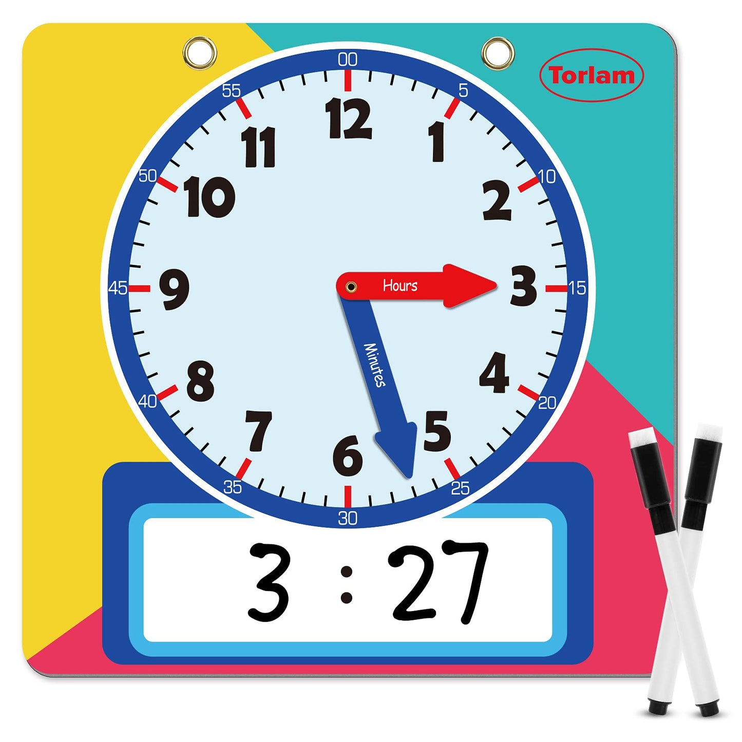 Magnetic Writable Dry Erase Learning Clock | Clock For Kids Learning To Tell Time | Large 12' Demonstration Teaching Time Practice Clock With Dry Erase Writing Surface | Pen Included | (Rainbow)
