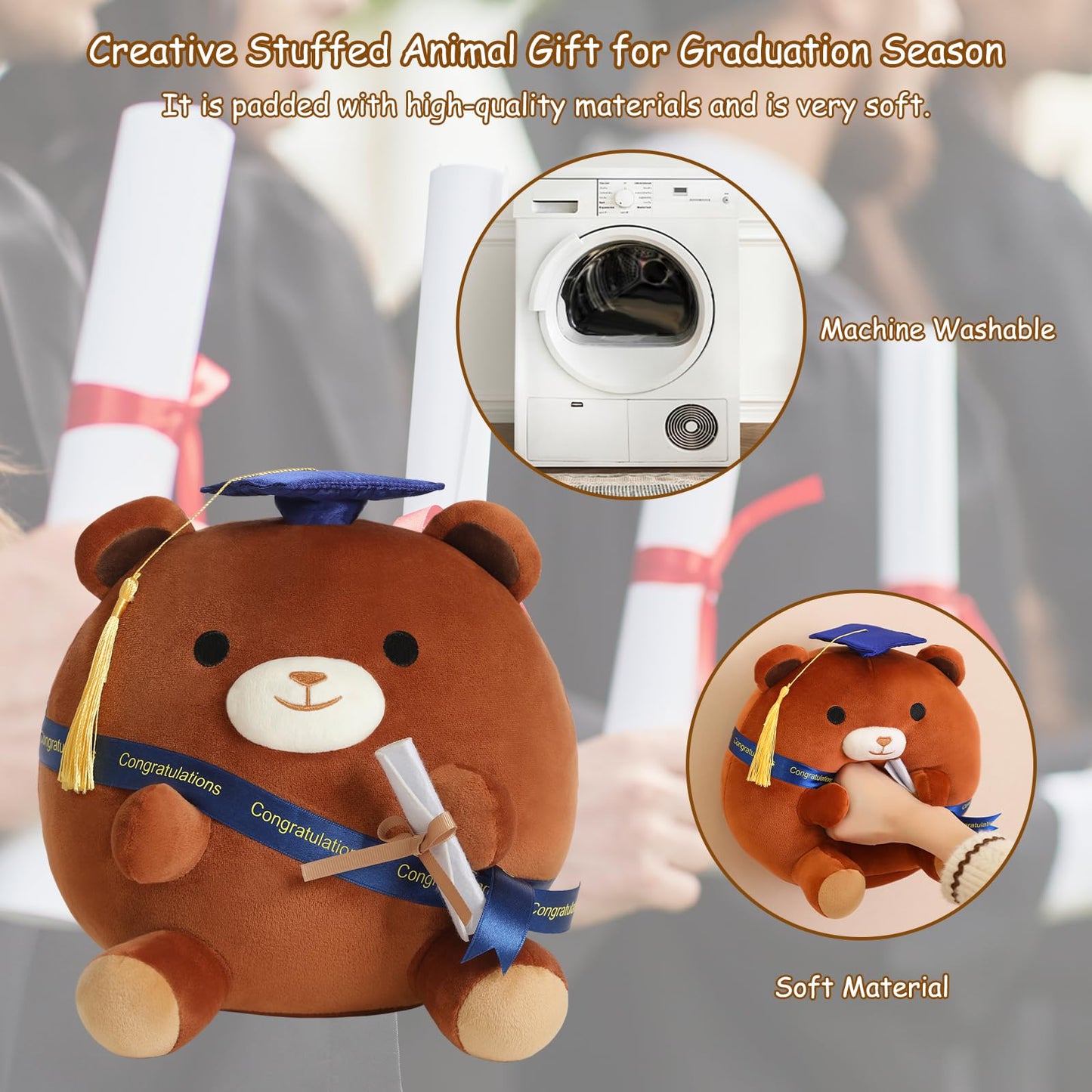 Finebee Bear Stuffed Animal Brown Bear Plushie Present Doll Gifts Soft Graduation Plush With Cap For Kids Students Kawaii Celebr