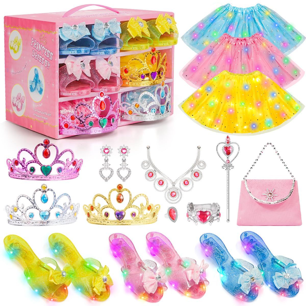 Meland Light Up Princess Dress Up - Dress Up Clothes For Girls With Skirts, Princess Purse & Light Up Play Shoes, Princess Toys Gift For Toddler Girls Age 3,4,5,6 Year Old For Birthday Christmas