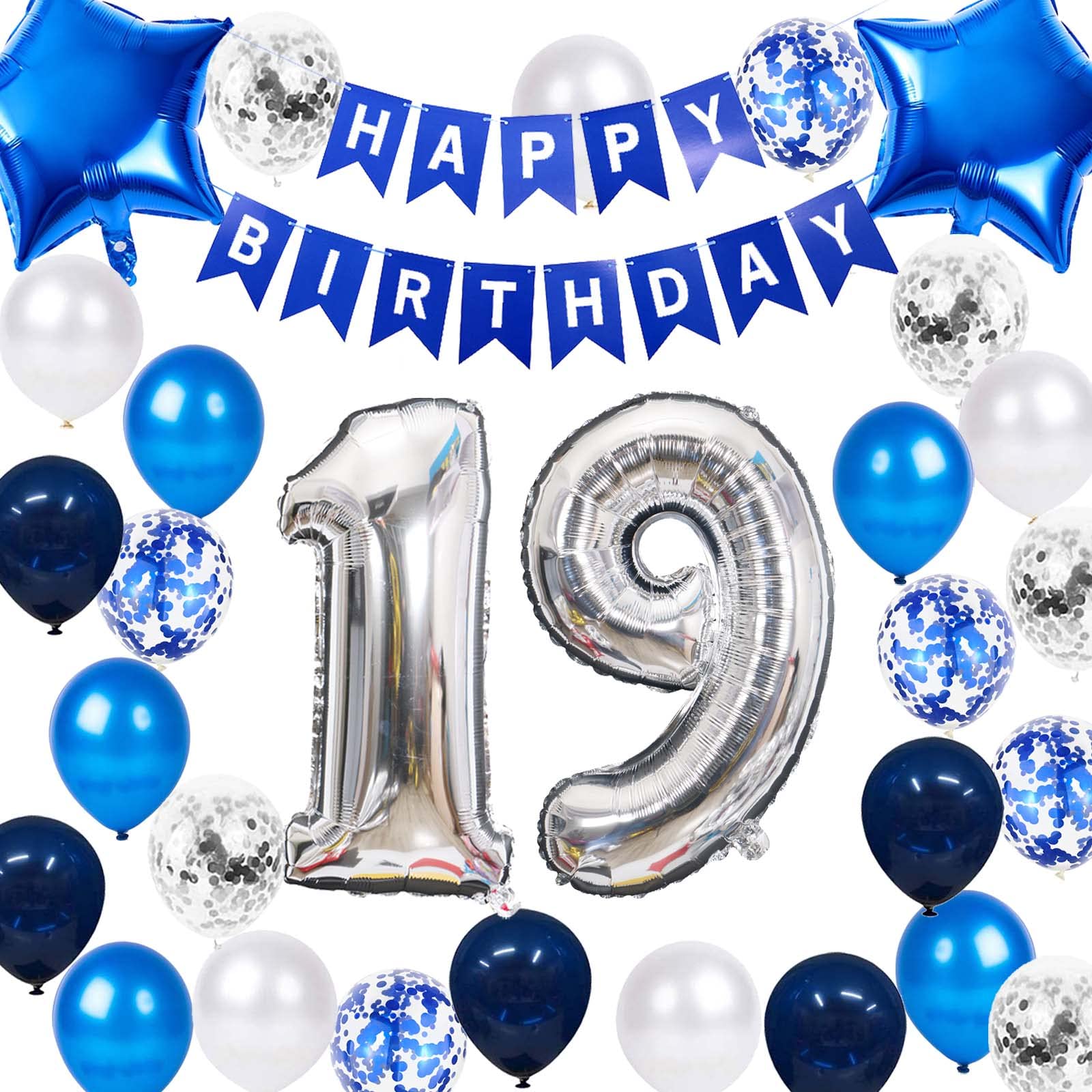 19Th Birthday Party Decoration For Boys, Happy Birthday Banner Blue Number 19 Birthday Balloons 19Th Birthday Latex Confetti Bal