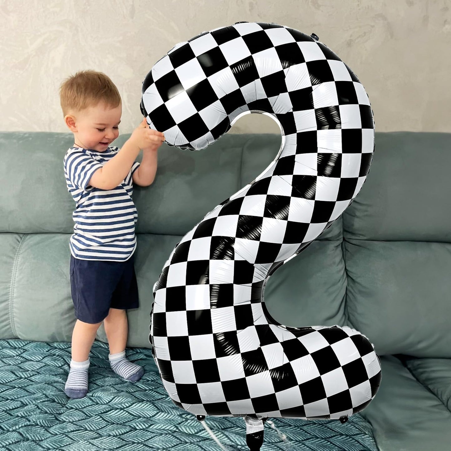 3Rd Birthday Number Balloons For Boys, 40 Inch Checkered Racing Foil 3 Balloons, Self Inflating Helium Black And White Big Numbe