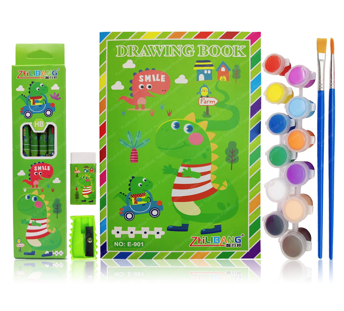 FunBlast Stationery Kit for Kids  12 Water Colors and Paint Brushes, 6 Pencils, Drawing Book, Erasers, Sharpener for Art and Cr