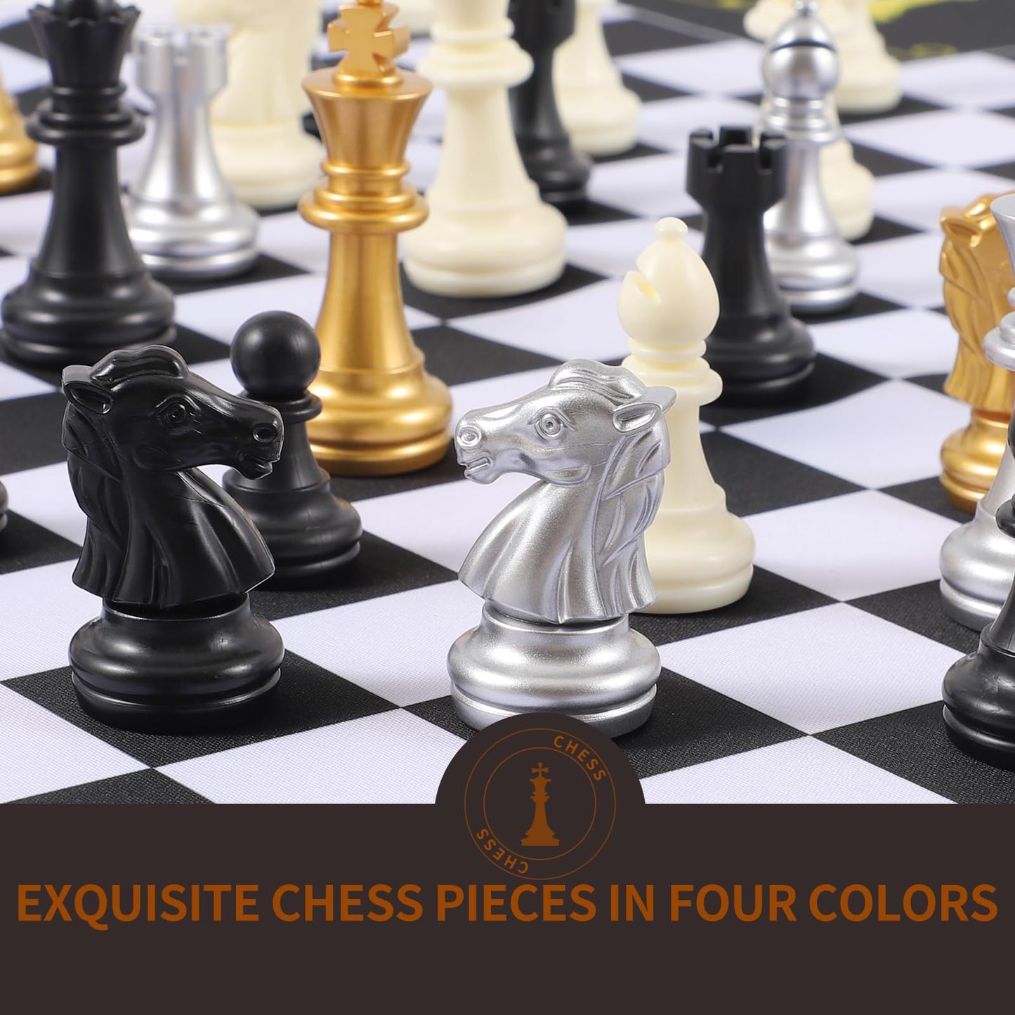 Jyquorp 4-Player Chess Board Game Set - Unique Mouse Pad Material with 4 Sets of Chess Pieces for 2-4 Players