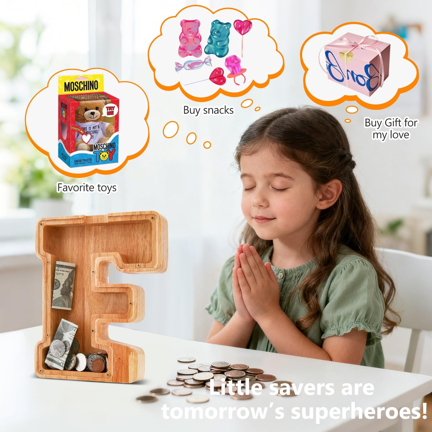 Wooden Letter Piggy Bank for Kids  Initial Coin Bank for Boys and Girls  First Name Personalized Savings Bank for Birthday Boys Girls Gift Piggy Bank for Kids (Wood  S9-F)