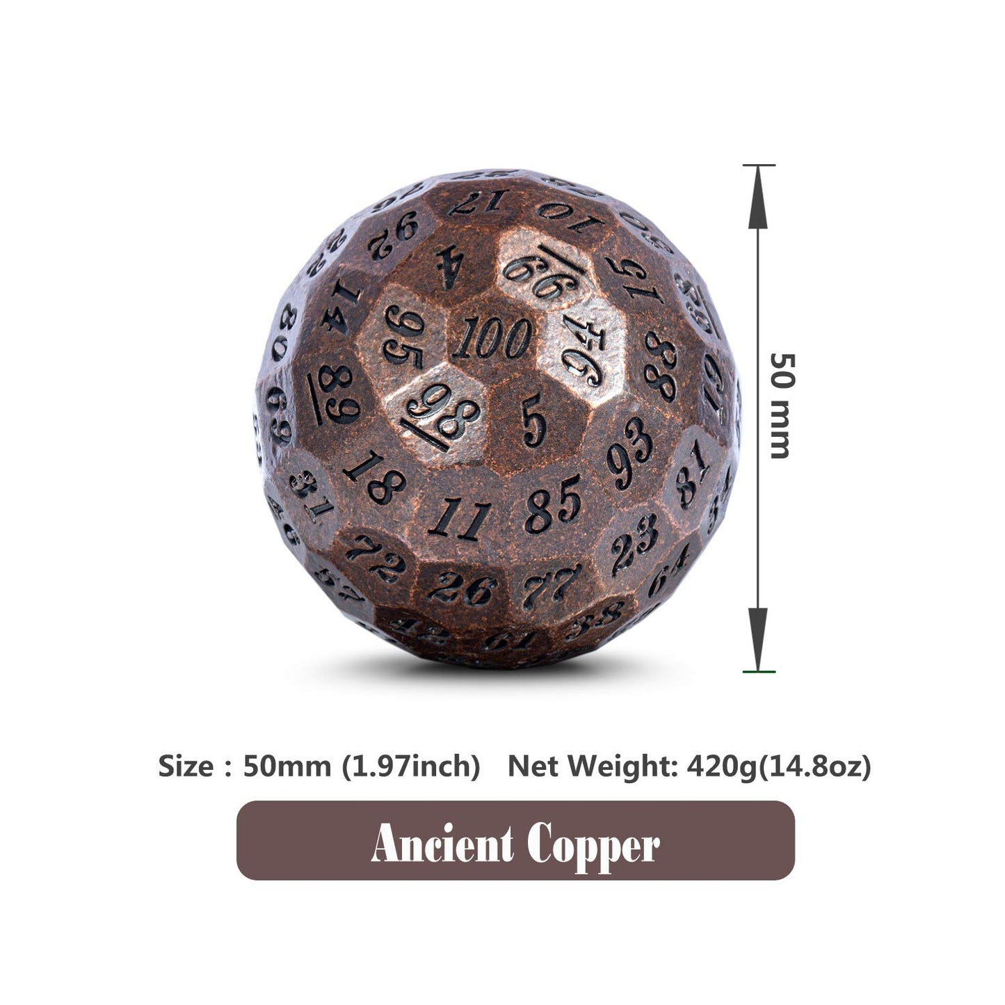 DNDND Ancient Copper Metal D100 Dice Single 100 Sided 50mm Polyhedral Dice with Metal Case and Velvet Pouch(Ancient Copper with