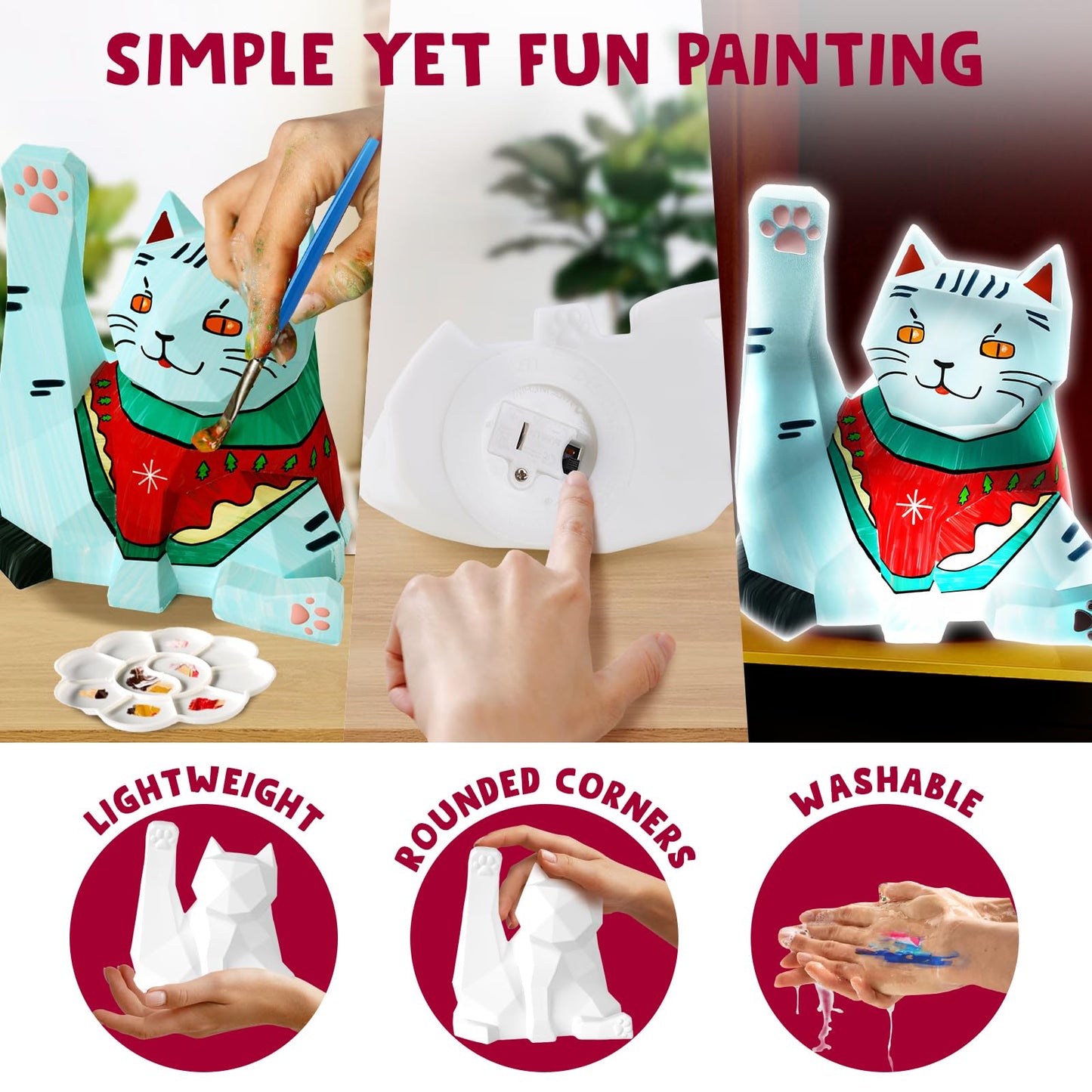 Goody King Paint Your Own Cat Lamp Kit 3pcs,DIY Cat Crafts Night Light, Arts & Crafts for Kids Ages 8-12, Painting Kit for Girls