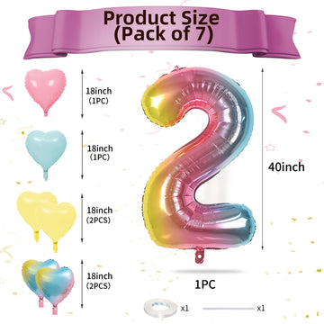 Biapian 40 Inch Rainbow Number 2 Balloons, 7Pcs Gradient Large 2Nd Birthday Balloons With 18'' Foil Heart Balloon Helium For 2Nd