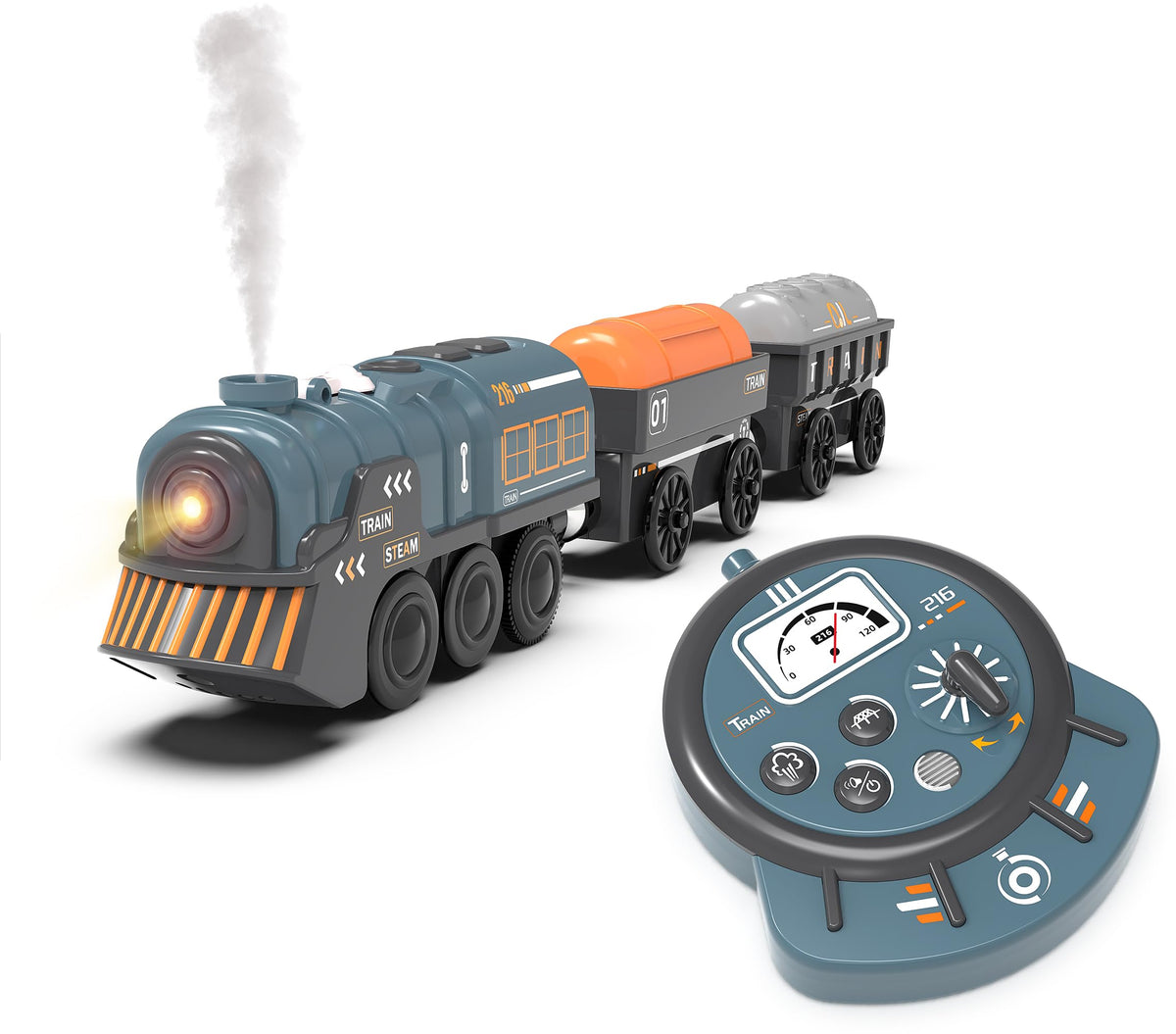 Remote Control Steam Train for Wooden Tracks  RC Train Set with Realistic Smoke, Lights & Sound, Motorized Toy Train Compatible