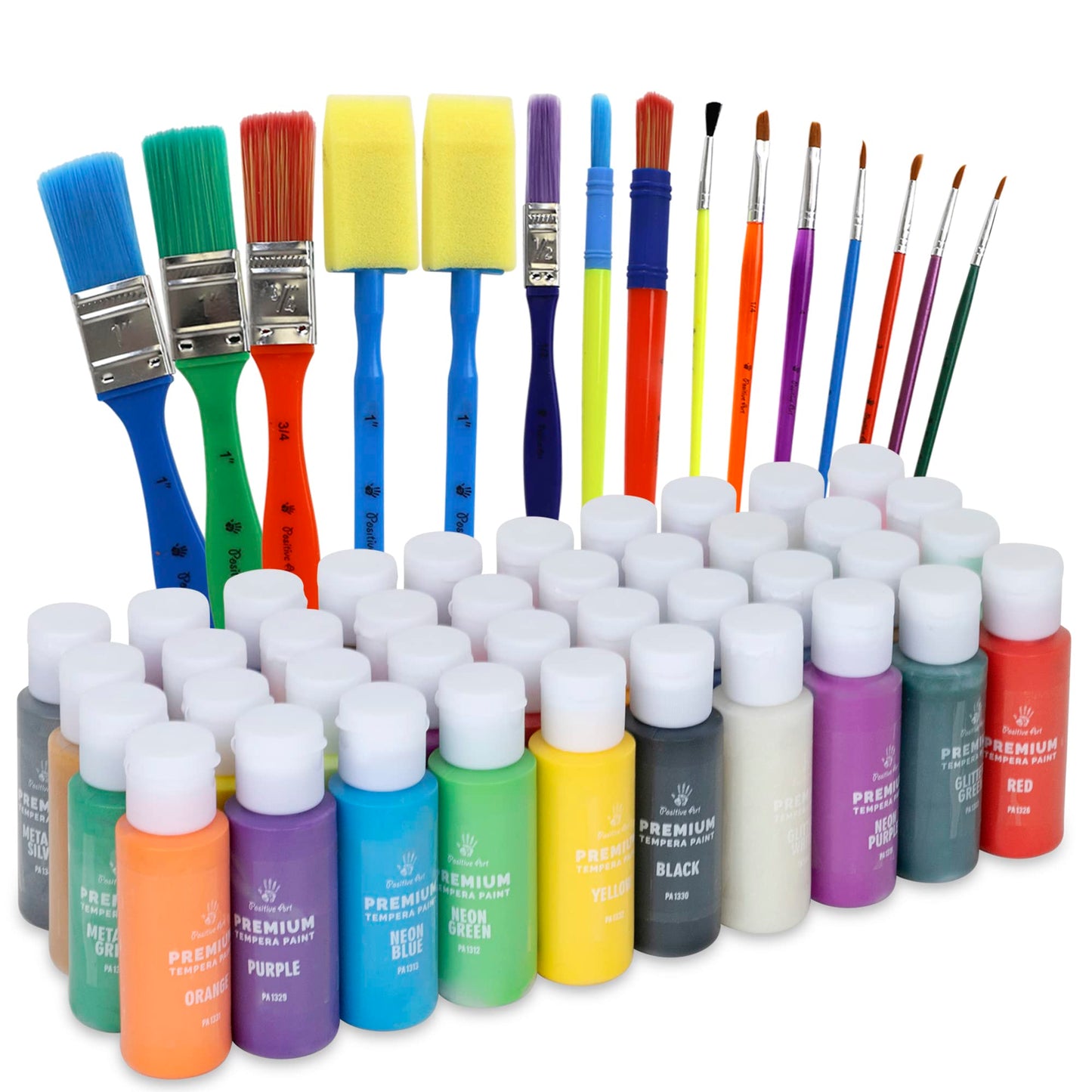 Kids Tempera Paint Set | Value Pack Includes 40 Washable Non-Toxic Colorful Paints (2oz bottles) & 15 Brushes | Metallic, Neon, 