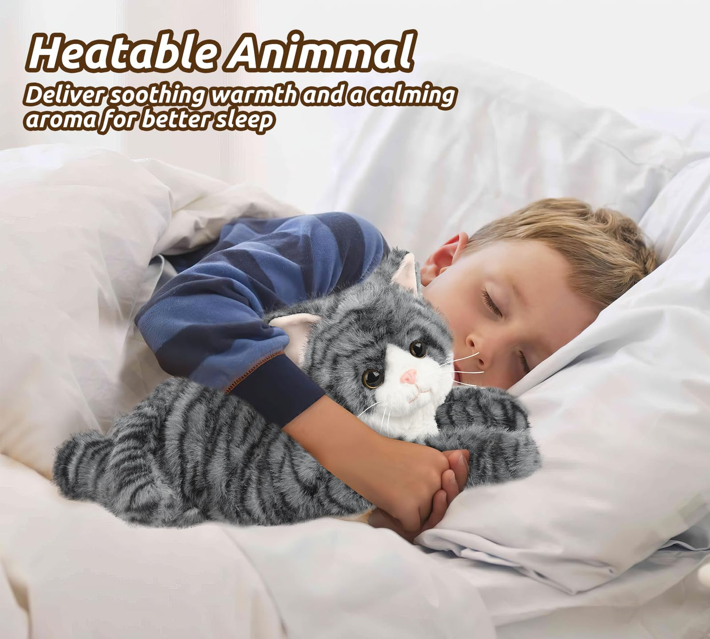Cuckool Gray Tabby Cat Plush Toy, 14" Fluffy Microwavable Stuffed Animal, Heatable & Coolable, Soft Polyester Gifts for Kids & Adults