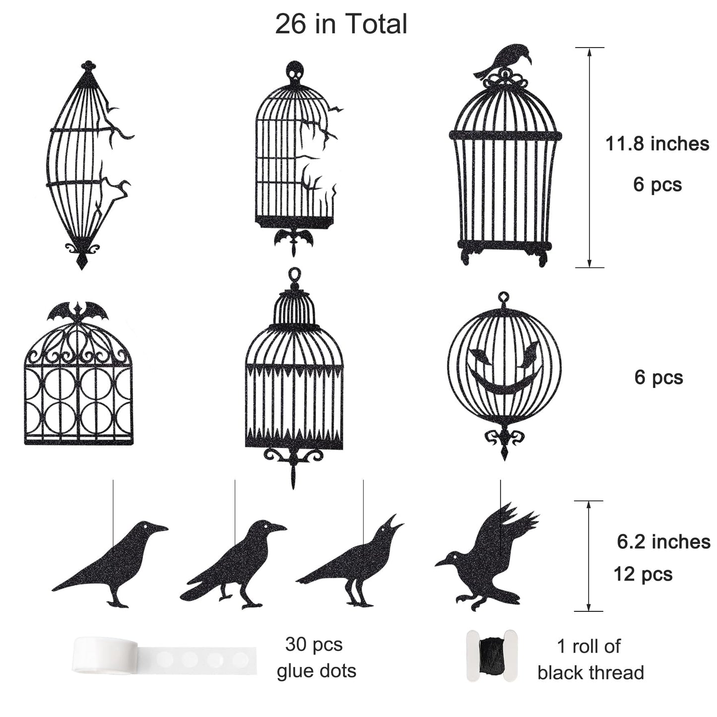 Glitter Black Crow Cage Decorations For Gothic Halloween Tree Hanging Decorations Raven Bird And Cage Banner Garland Centerpiece