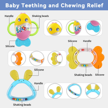 Moontoy Baby Rattles Teether Set Toys For 0 1 2 3 4 5 6 7 8 9 10 11 12 Month Old Baby Boy Girl, 9Pcs Baby Toys Sensory Toys Early Development Newborn Birthday Gifts Infant Toys 0-3-6-12 Month