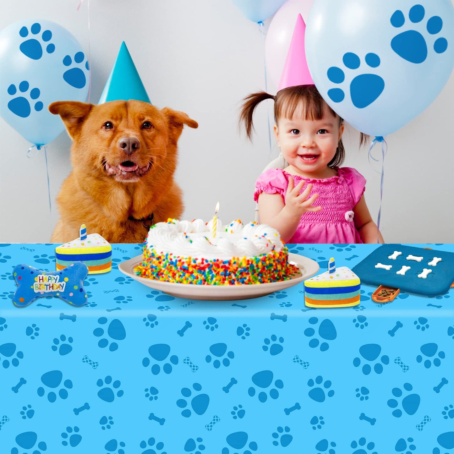 Paw Print Tablecloth, 1 Pack Large Size Plastic 54'X108' Dog Paw Print And Bone Sign Tablecloths, Cute Table Cover For Kids Boy Girl Puppy Dog Birthday Party Supplies- Blue