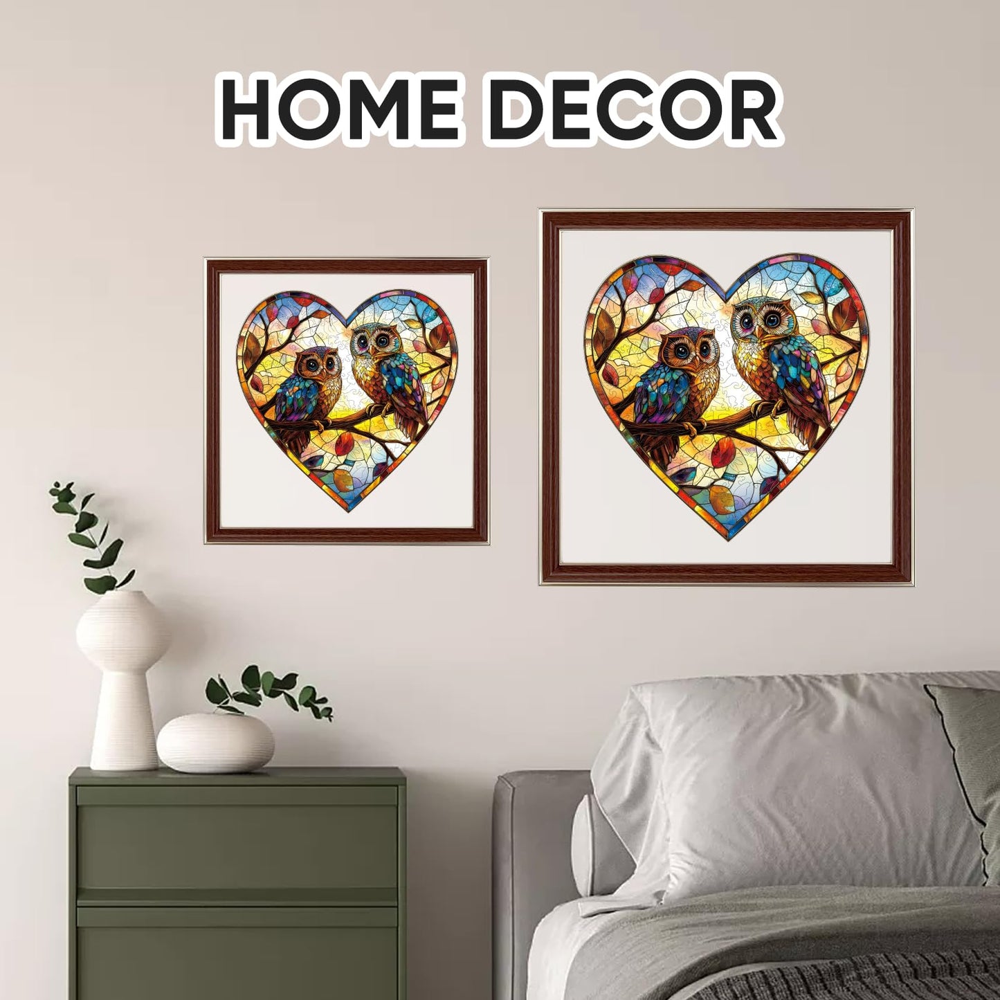Stained Glass Heart Owls 500 Pieces Wooden Puzzles For Adults Unique Irregular Shape Fun Challenging Birds Puzzles For Kids And
