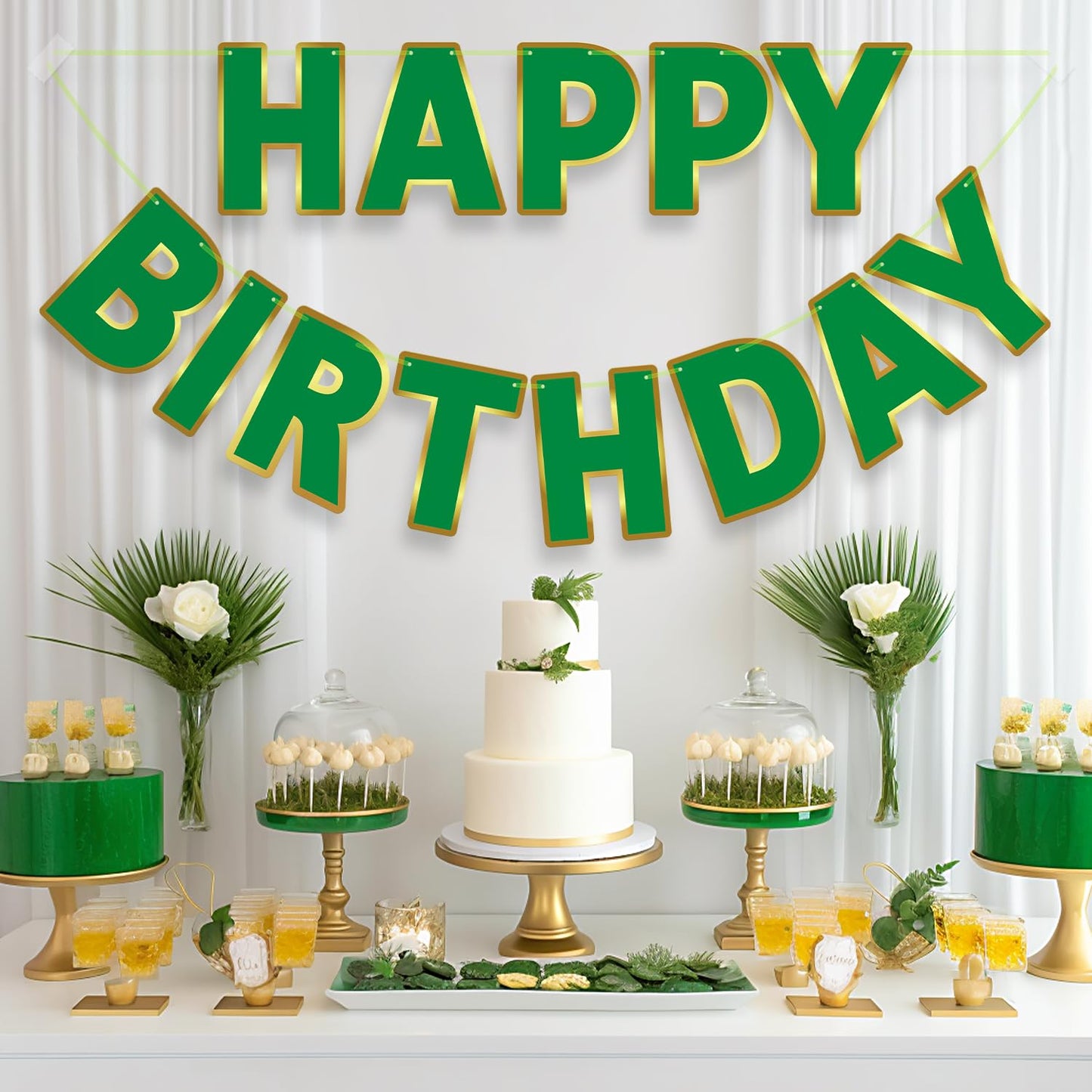 LITAUS Green Happy Birthday Banner - Pre-Strung, 9ft Paper Decorations, LH-01 for Kids, Men, Women