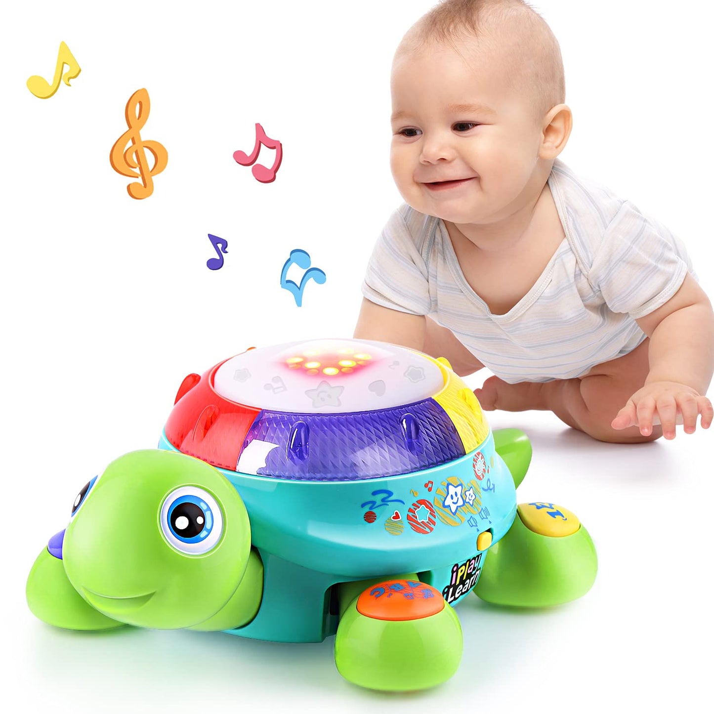 iPlay, iLearn Baby Musical Turtle Toy - Bilingual Learning, Light & Sound, Large, Yellow, Ideal for 6-12 Months, Educational Gift
