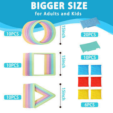 Oranmew 3 Sets Hopscotch Rings & Bean Bag Toss - 30 Pcs Indoor/Outdoor Agility Rings (Square, Triangle, Round) with 6 Beanbags -