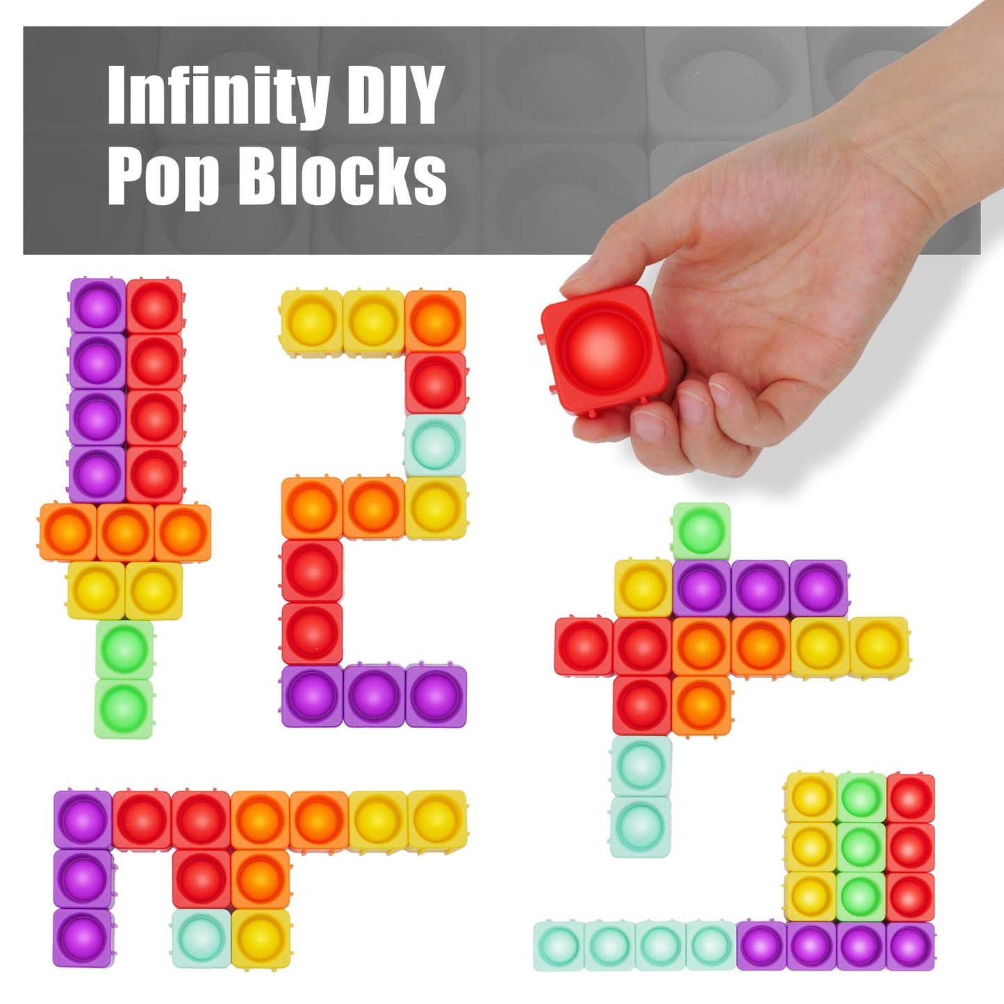 Pop Blocks Fidget Toys, Rainbow Silicone Popper Infinity Diy Building Blocks Cvc Words Learning Phonics Color Recognition Game A