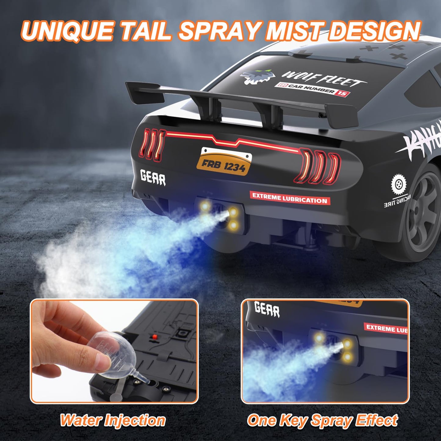 Dollox Remote Control Car 1/16 Scale RC Drift Car 2.4GHz 4WD High Speed 18+KM/H Vehicle with LED Lights and Spray, Extra Driftin
