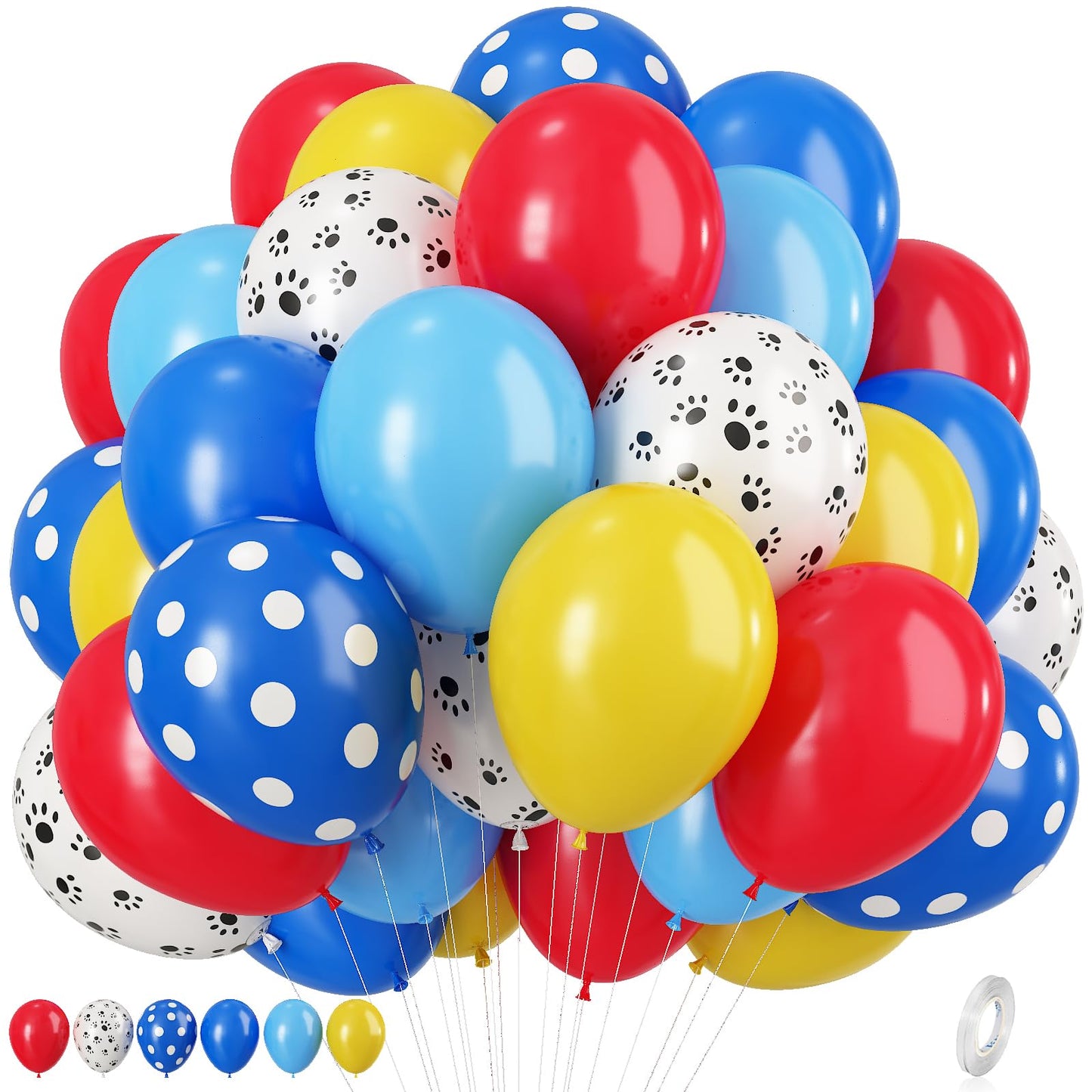 Dog Paw Balloons, 12 Inch Royal Blue Red And Yellow Balloons With White Dog Paw Print Helium Latex Balloons, Carnival Circus Balloons For Dog Paw Themed Boys Girls Birthday Party Decoration Supplies