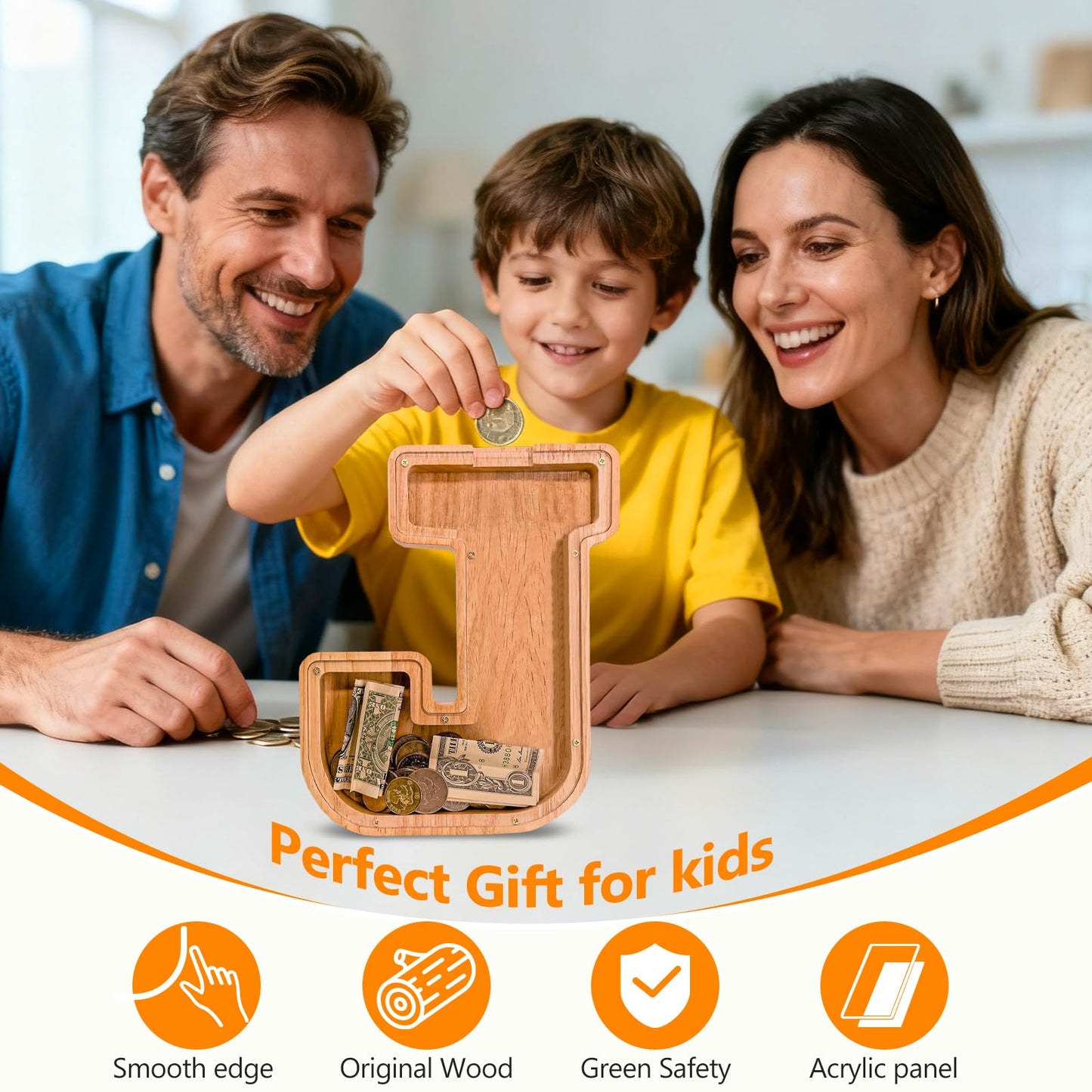 Wooden Letter Piggy Bank for Kids  Initial Coin Bank for Boys and Girls  First Name Personalized Savings Bank for Birthday Boys Girls Gift Piggy Bank for Kids (Wood  S9-J)