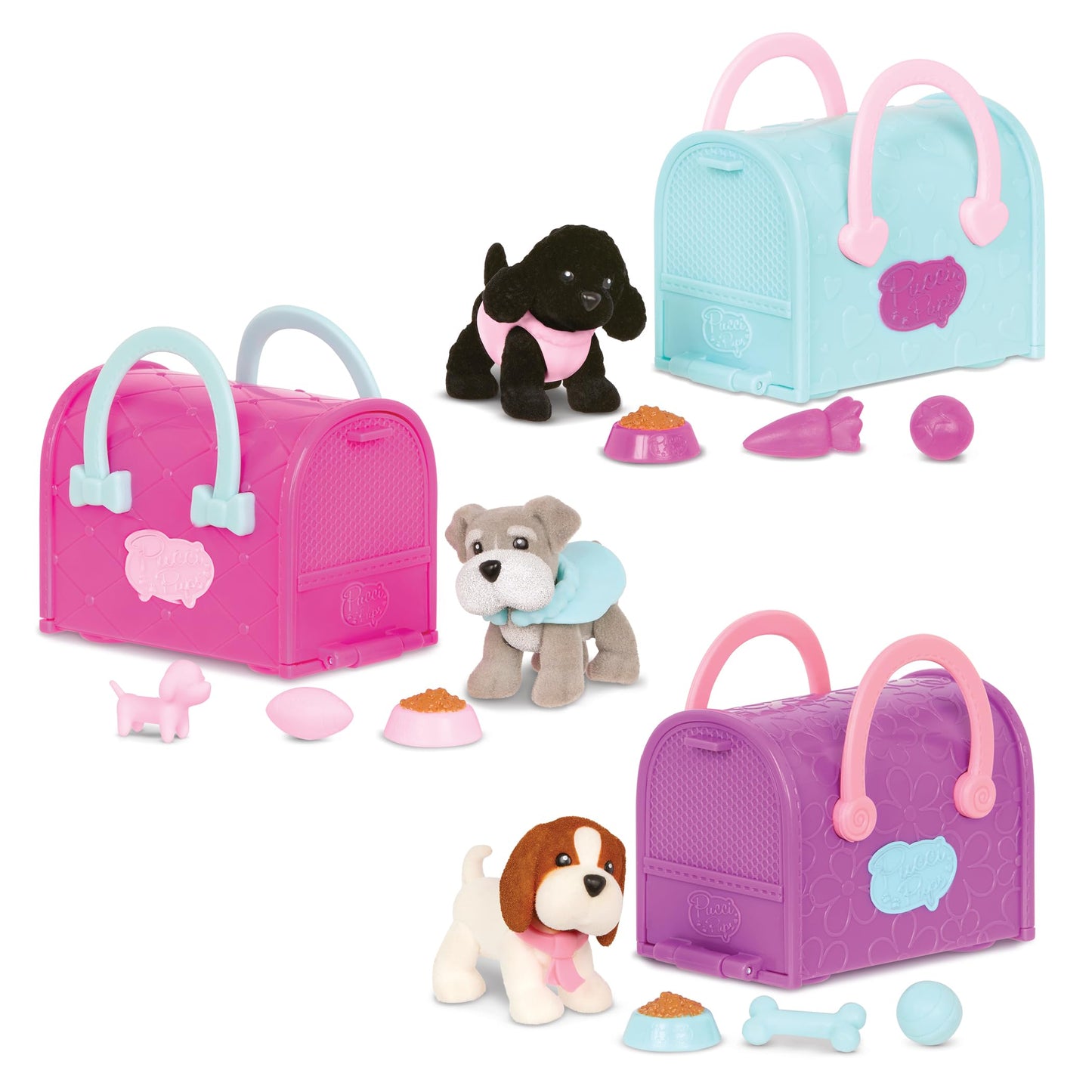 Pucci Pups - Collectible Puppy Set – Beagle, Schnauzer, Poodle – Carrier Purse – Dog Accessories Included – Toys For Kids 3+