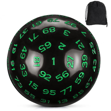 Sumind Single 100 Sided Polyhedral Dice D100 Game Dice 45 mm 100 Sided Cube with Black Pouch(Black Base with Green Numbers)