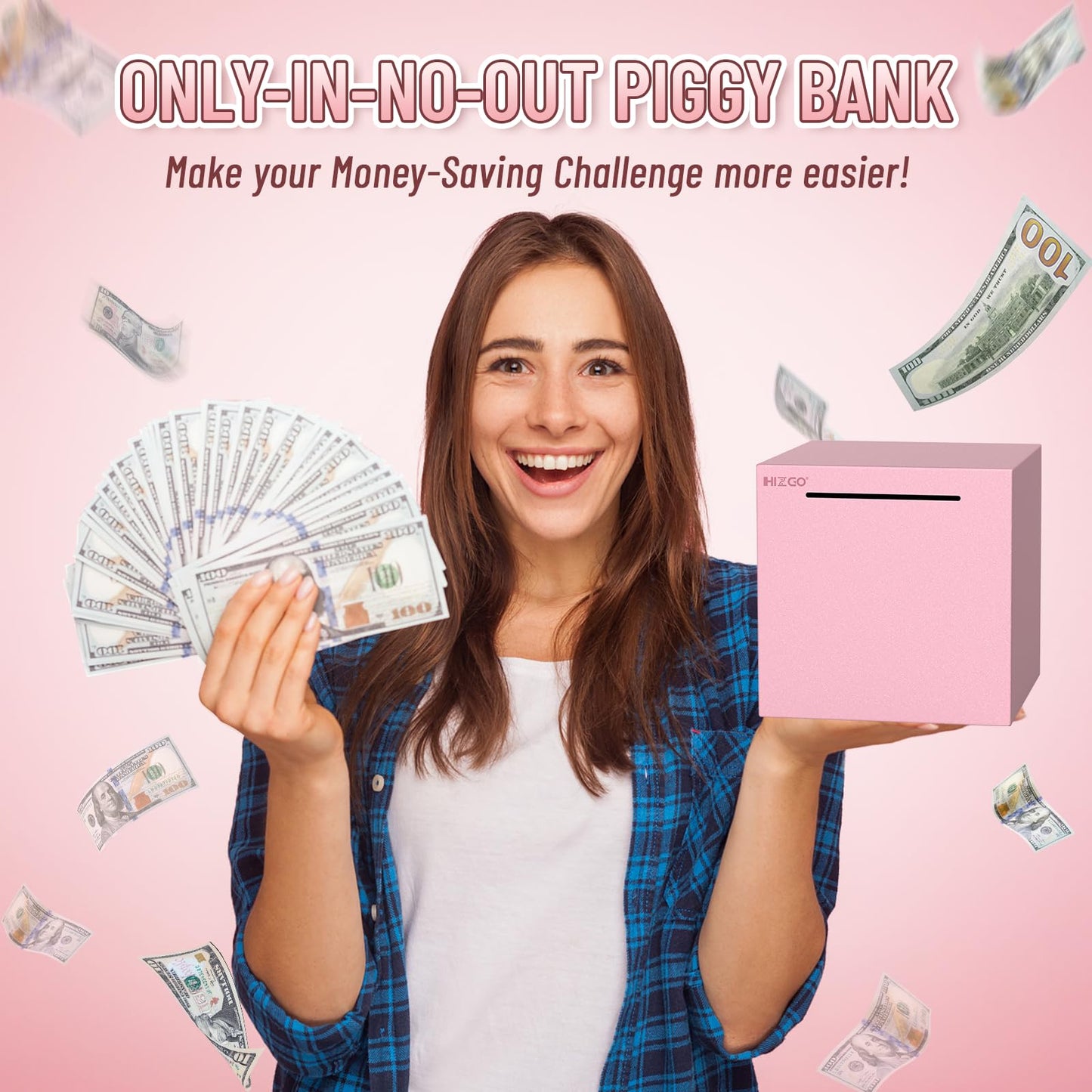 Hizgo Adults Pink Piggy Bank, Stainless Steel Piggy Bank For Adults/Kids Must Break To Open, Unopenable Money Saving Box(5.9-Inch, Pink)