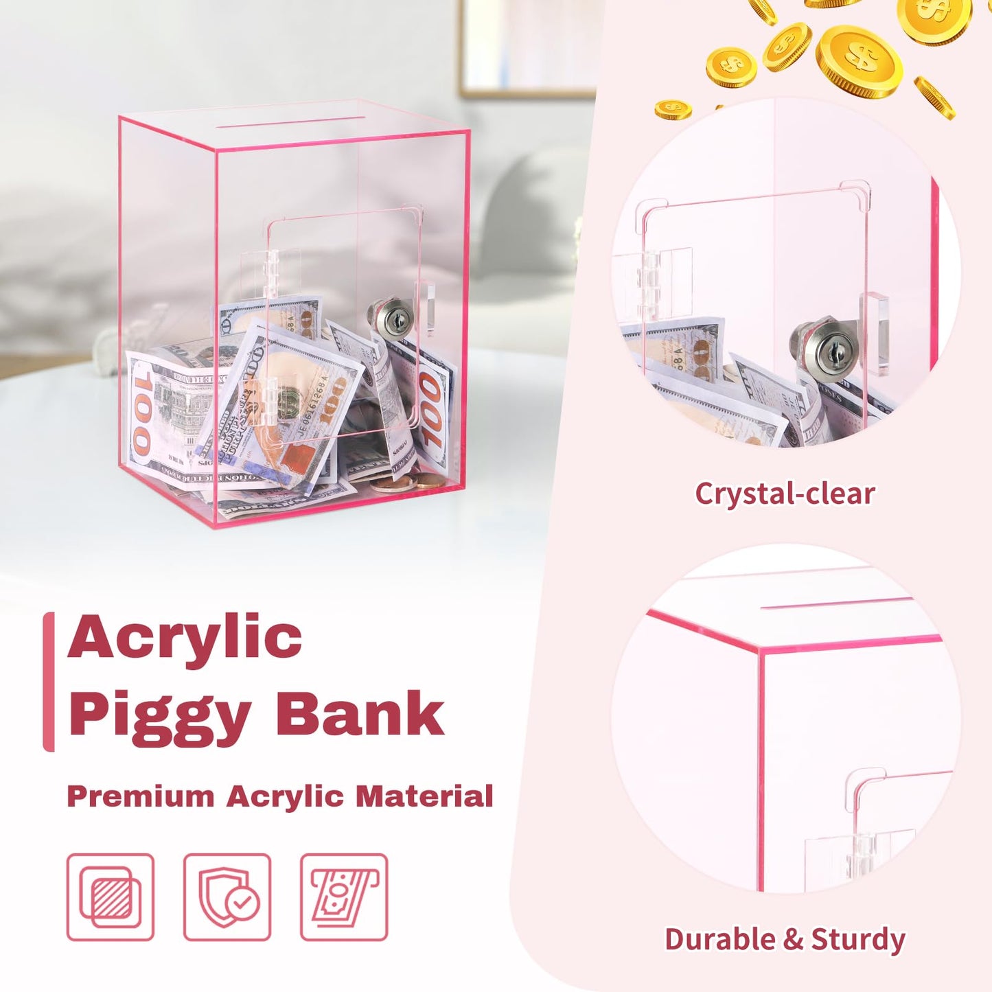 Imeepa Clear Acrylic Piggy Bank With Lock And Key For Kids Adults, Openable Money Saving Box For Cash Coins Real Money (Pink)