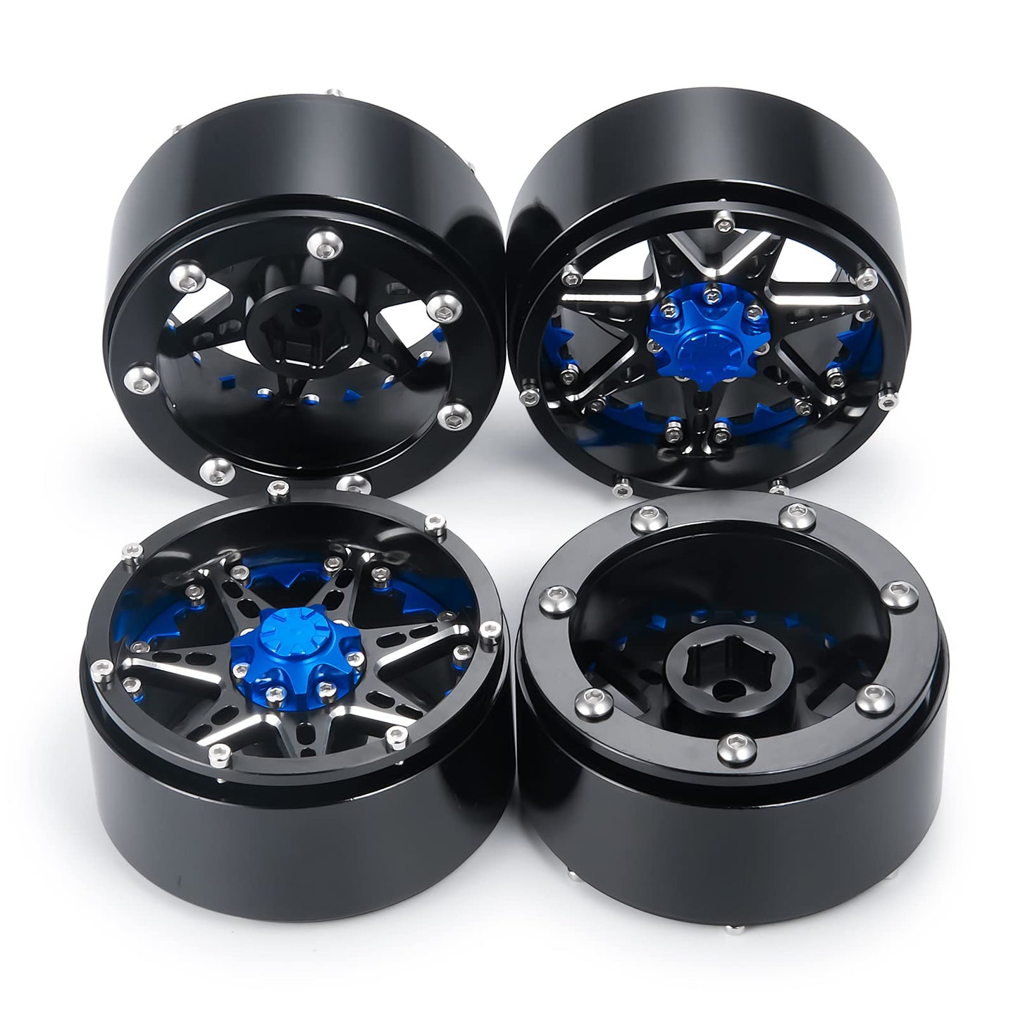 QUE-T 2.2'' Metal Beadlock Wheel Rims Set for RC 1/10 Crawler TRX4 SCX10 90046 Pack of 4 (Blue & Black)