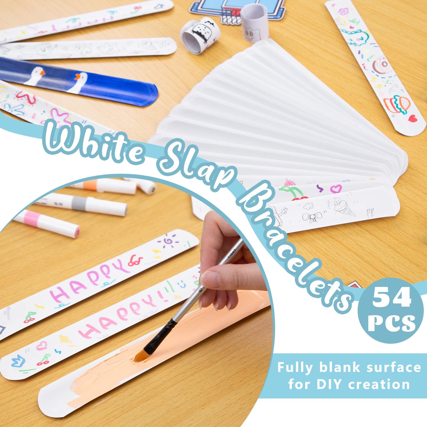 LovesTown 54PCS Slap Bracelets White, Party Slap Bracelets DIY Wrist Bands Bulk Blank Snap Band for Kids Birthday Party Favors S