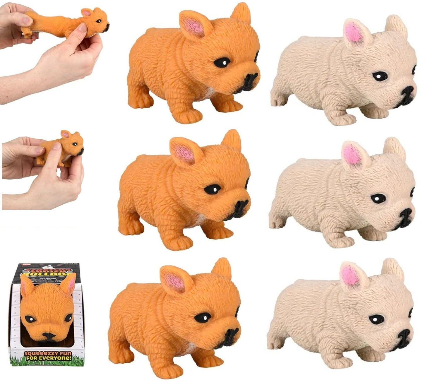 Zugar Land Squishy Stretchy Bulldog (2.5' To 6.5') Rubber Fidget Sensory Toy Filled With Sand. Great Stress Relief Dog Toy For Kids, Adults And Pets. (6 Bulldogs - Tan & Brown Color)