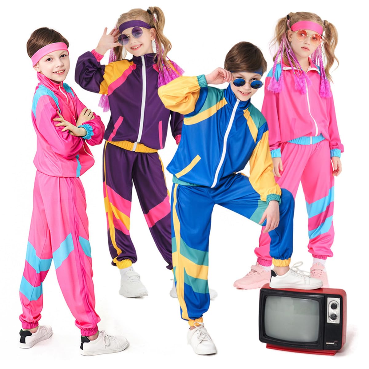 Jeleuon Boys Girls Retro Hip Hop 80S Tracksuit Costume Dance Sportswear Top Pants Sets Outfit Colorblock Windbreaker Sets S