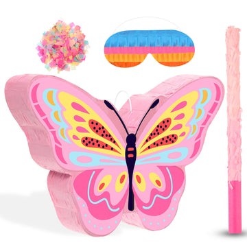 Threan Butterfly Pinata Bundle With Bat Stick & Blindfold - Butterfly Theme Party Supplies For Birthday Or Baby Shower - Cardboard Pinata, Includes Confetti