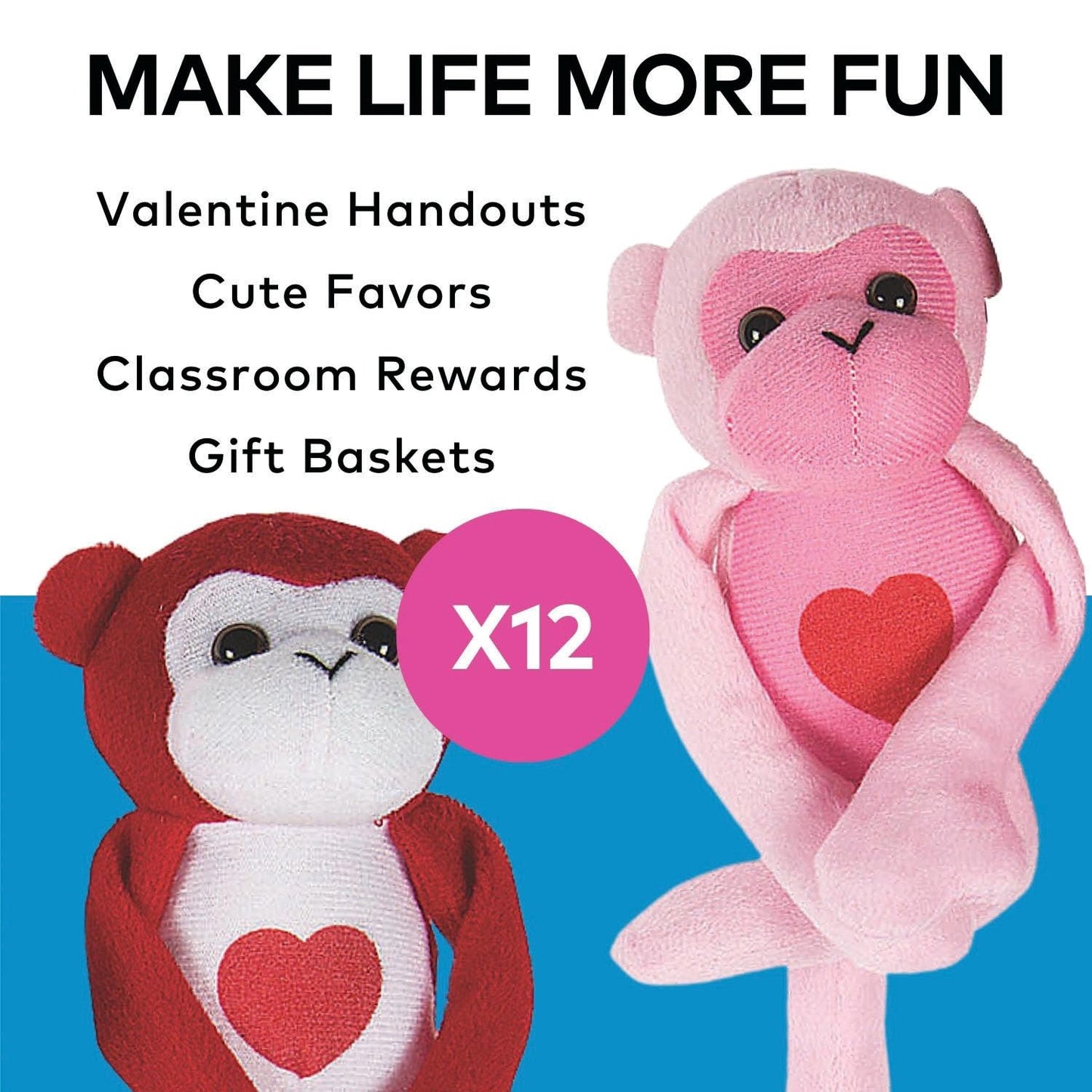 Fun Express Stuffed Gorillas - 12 Pieces, Cotton, Pink/Red, Great for Valentine's Day Decor and Favors, Model 13933412