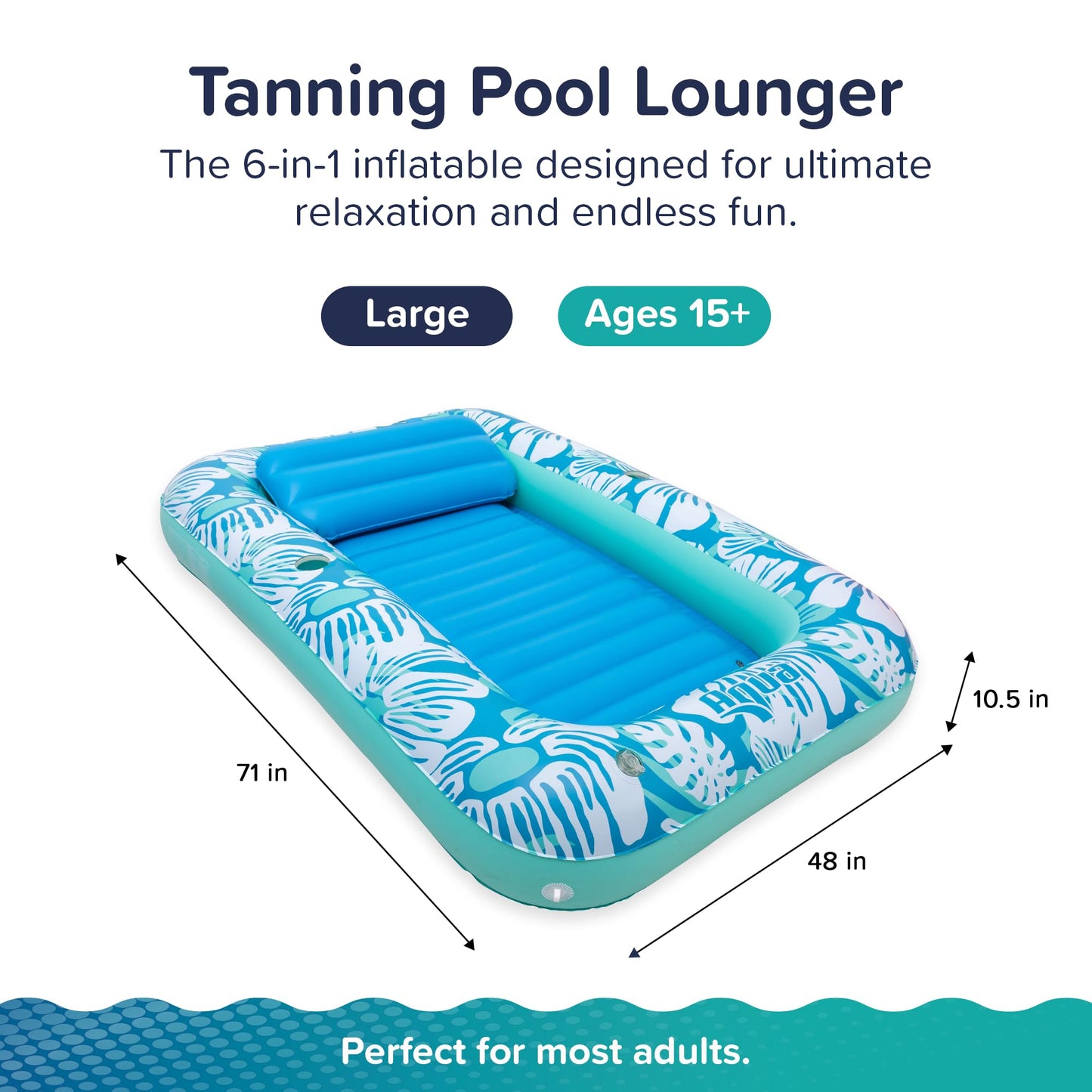 Aqua Inflatable Tanning Pool Lounger - Large (71 x 48 in) - enhanced Pool Float with Cupholders and Removeable Pillow for Relaxation and Fun  Blue Flowers Pattern