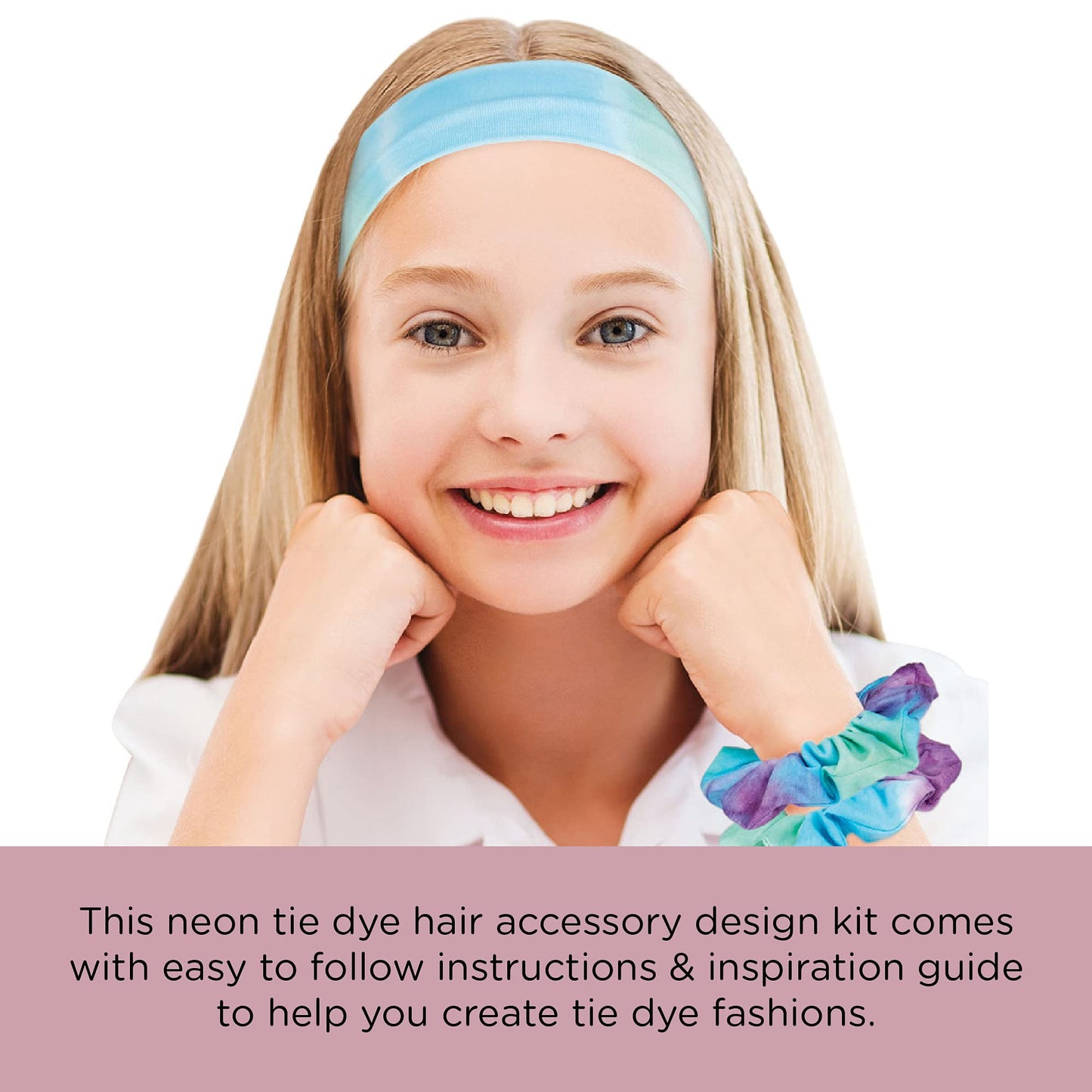 Fashion Angels Tie Dye Kit - Neon Tie Dye Hair Accessories Kit, Non Toxic Dyes, Complete Set with Scrunchies, Headband, Gloves,